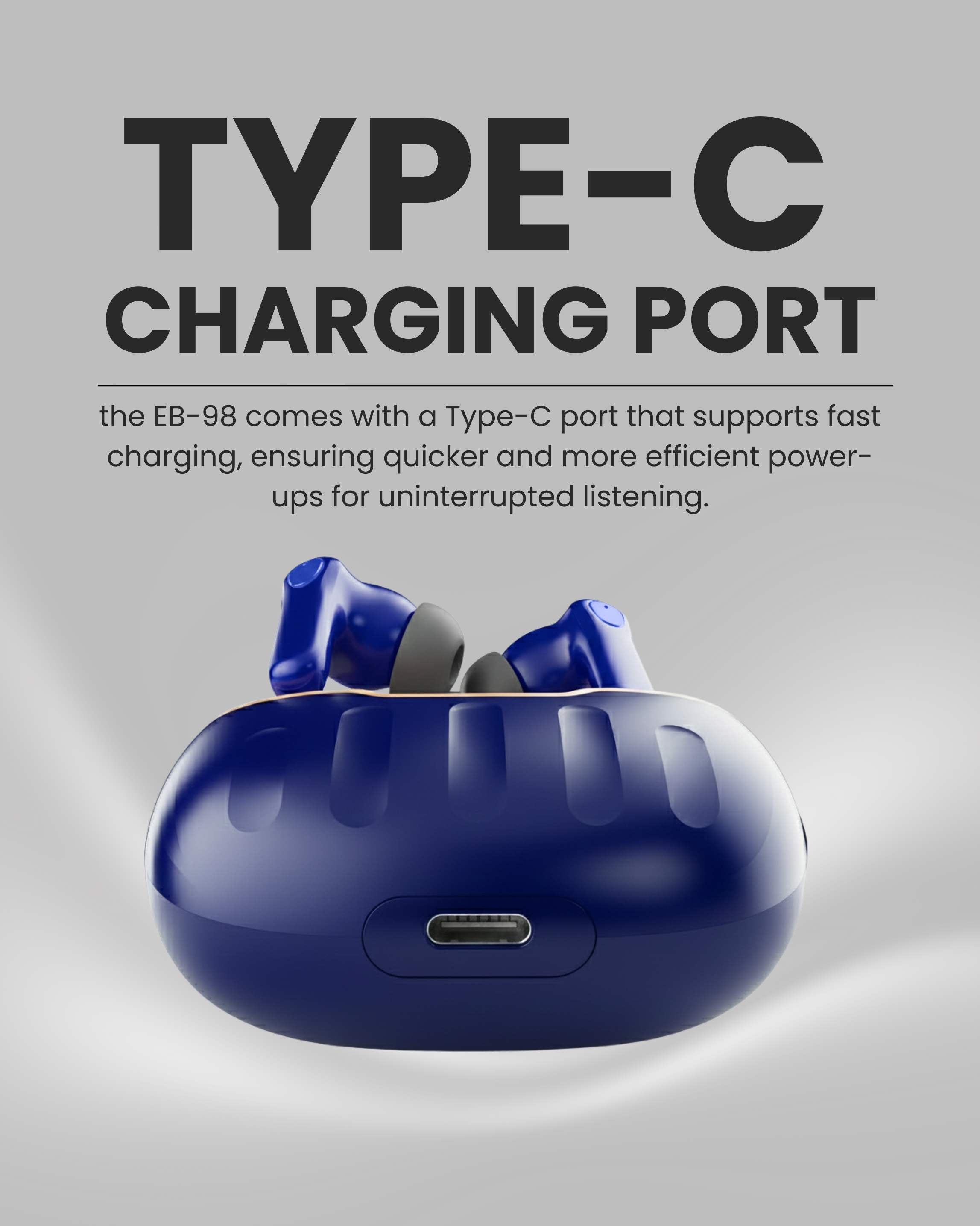 ICCONX EB-98 - Navy | 52 Hours Playtime | Bluetooth 5.3 | Deep Bass | Smart Touch Controls | Type-C Fast Charging