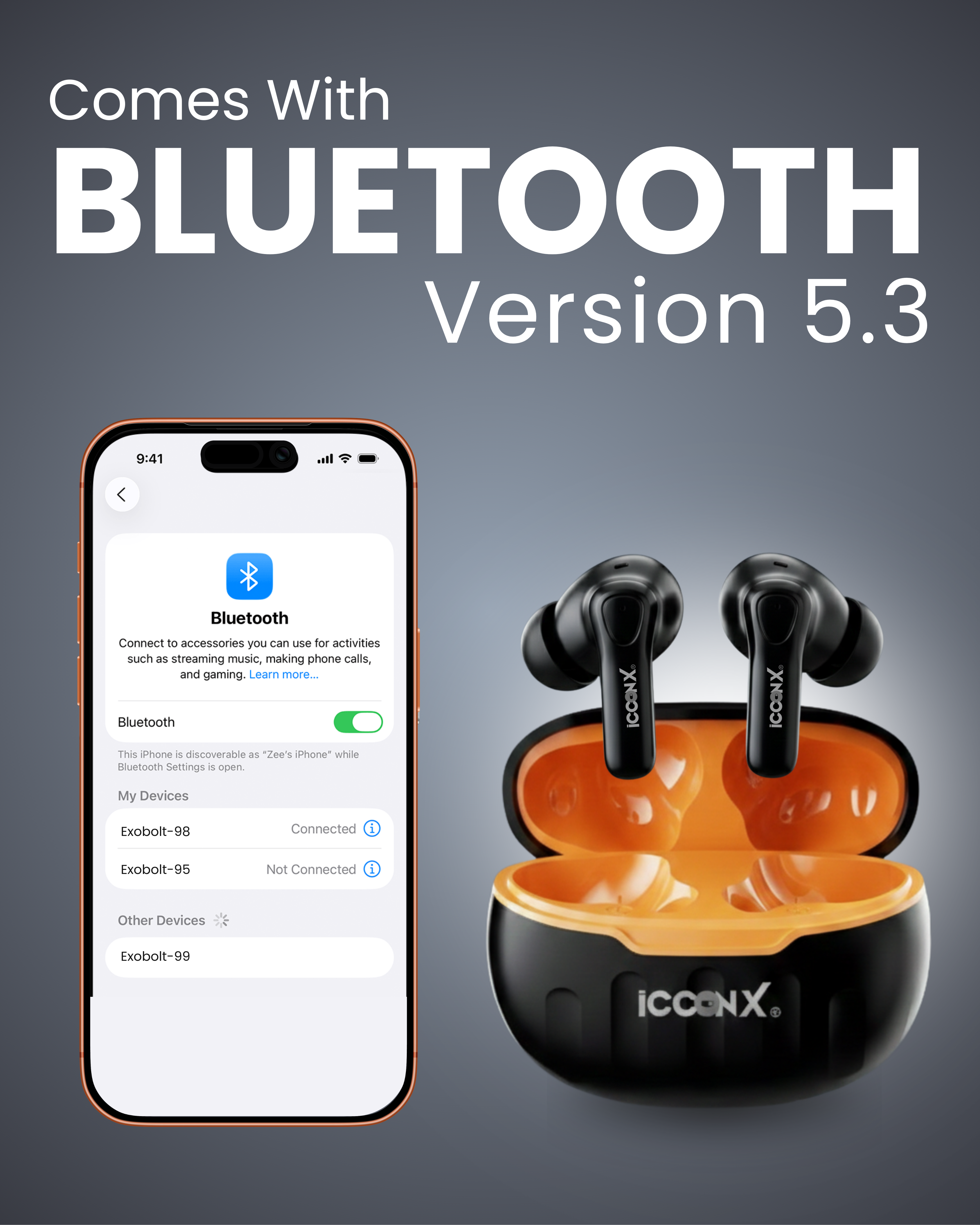 ICCONX EB-98 | 52 Hours Playtime | Bluetooth 5.3 | Deep Bass | Smart Touch Controls | Type-C Fast Charging