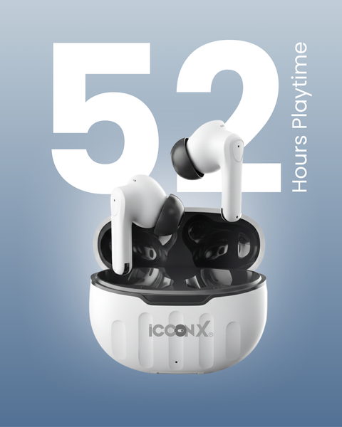ICCONX EB-98 - White | 52 Hours Playtime | Bluetooth 5.3 | Deep Bass | Smart Touch Controls | Type-C Fast Charging