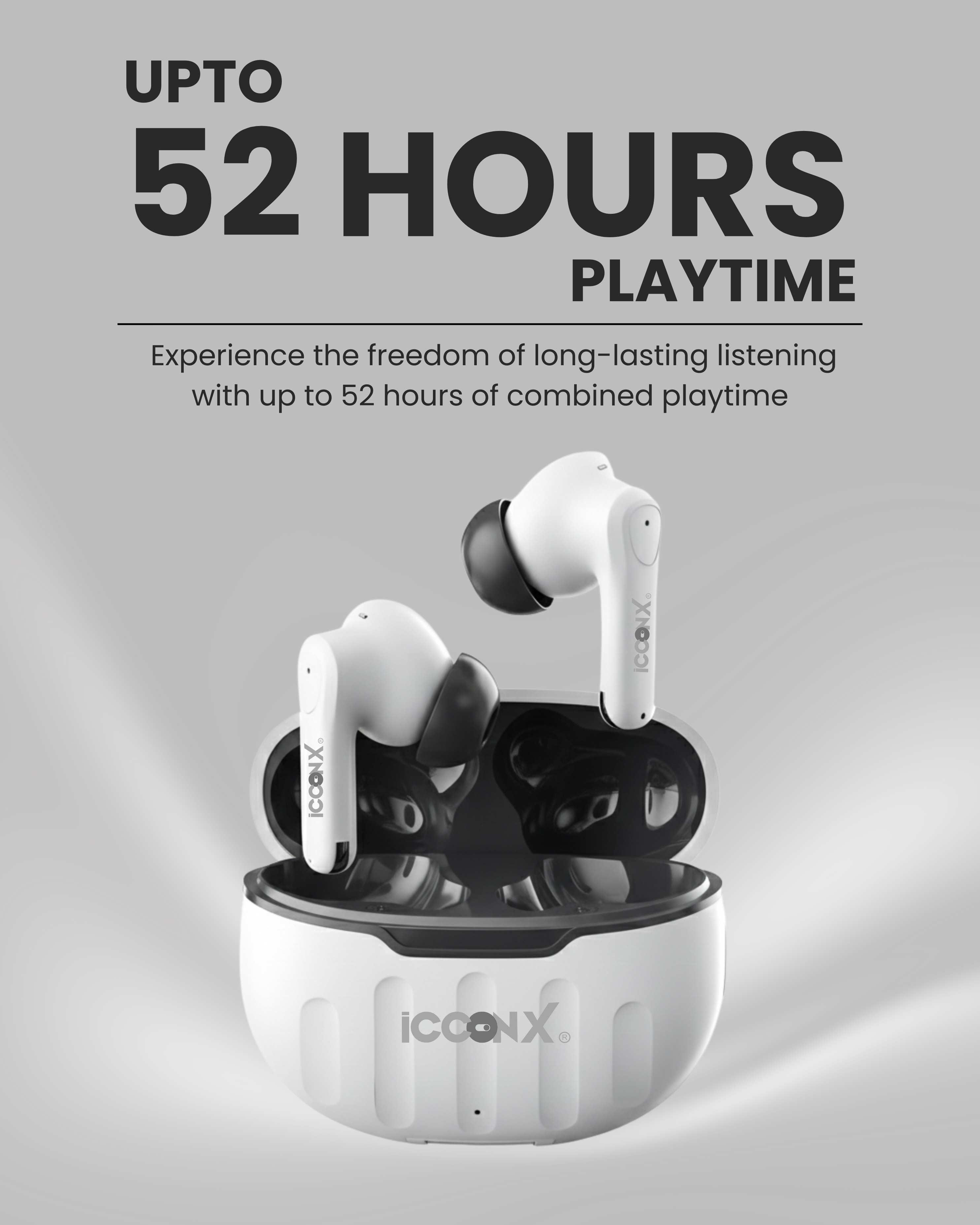 ICCONX EB-98 - White | 52 Hours Playtime | Bluetooth 5.3 | Deep Bass | Smart Touch Controls | Type-C Fast Charging