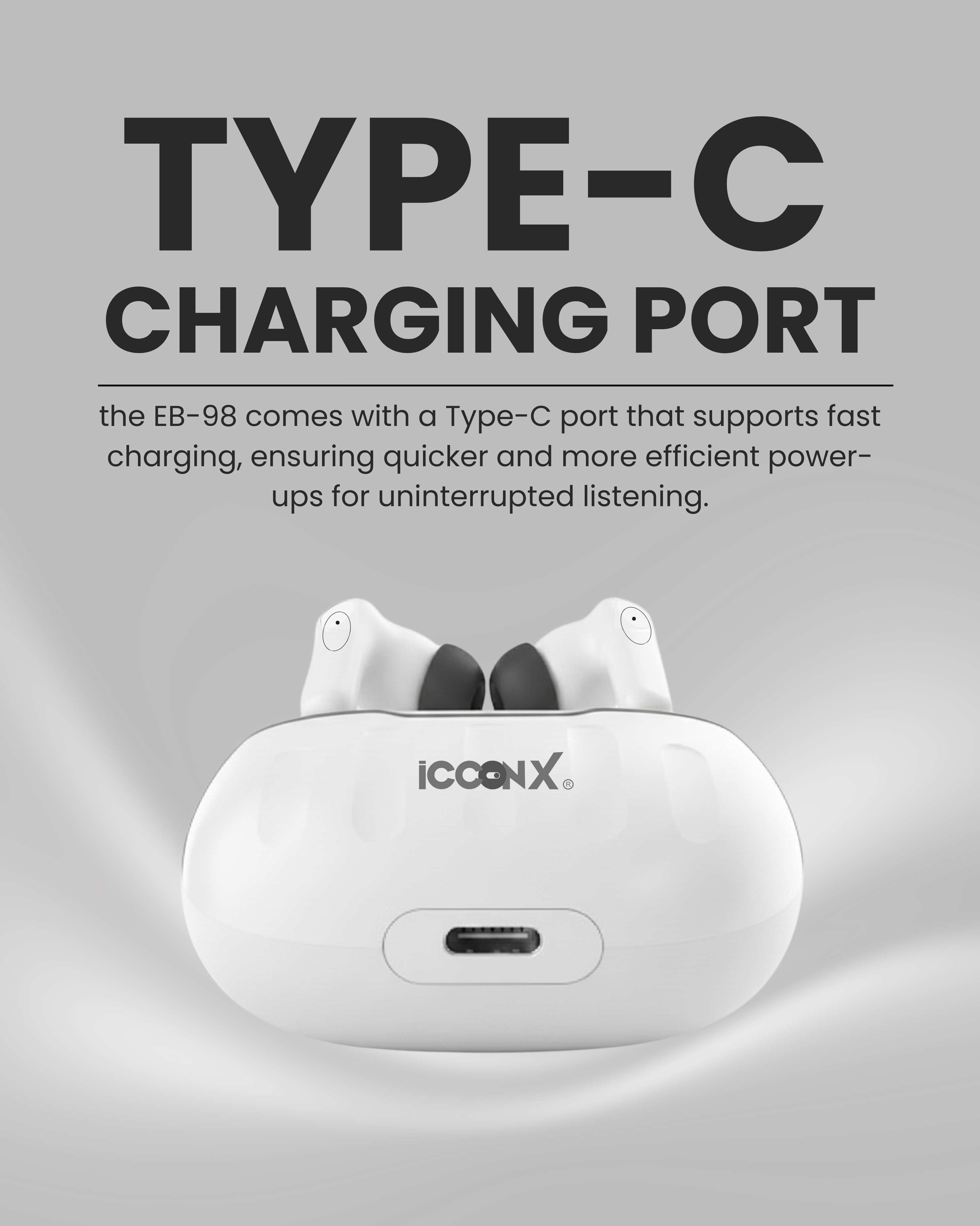 ICCONX EB-98 - White | 52 Hours Playtime | Bluetooth 5.3 | Deep Bass | Smart Touch Controls | Type-C Fast Charging