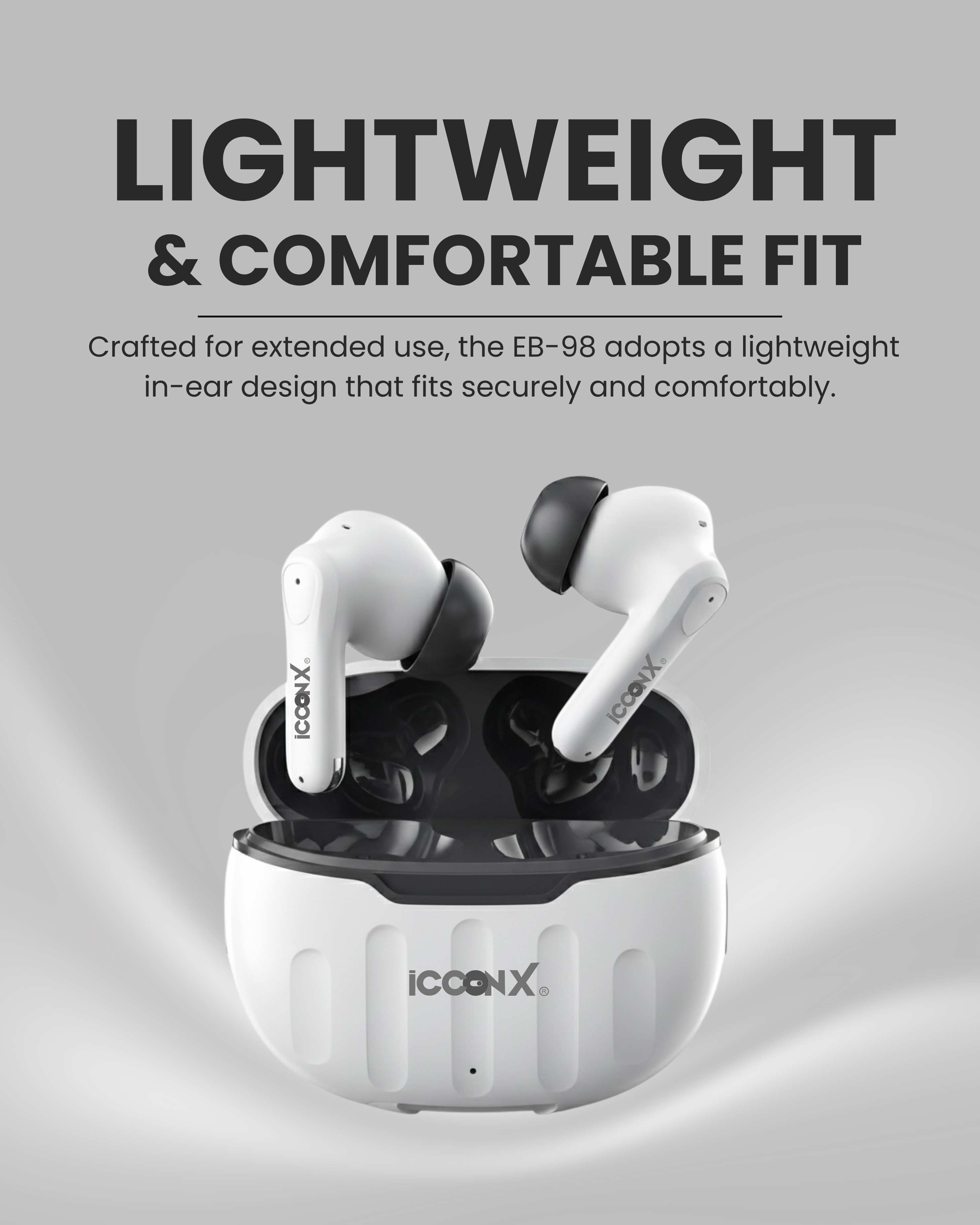 ICCONX EB-98 - White | 52 Hours Playtime | Bluetooth 5.3 | Deep Bass | Smart Touch Controls | Type-C Fast Charging