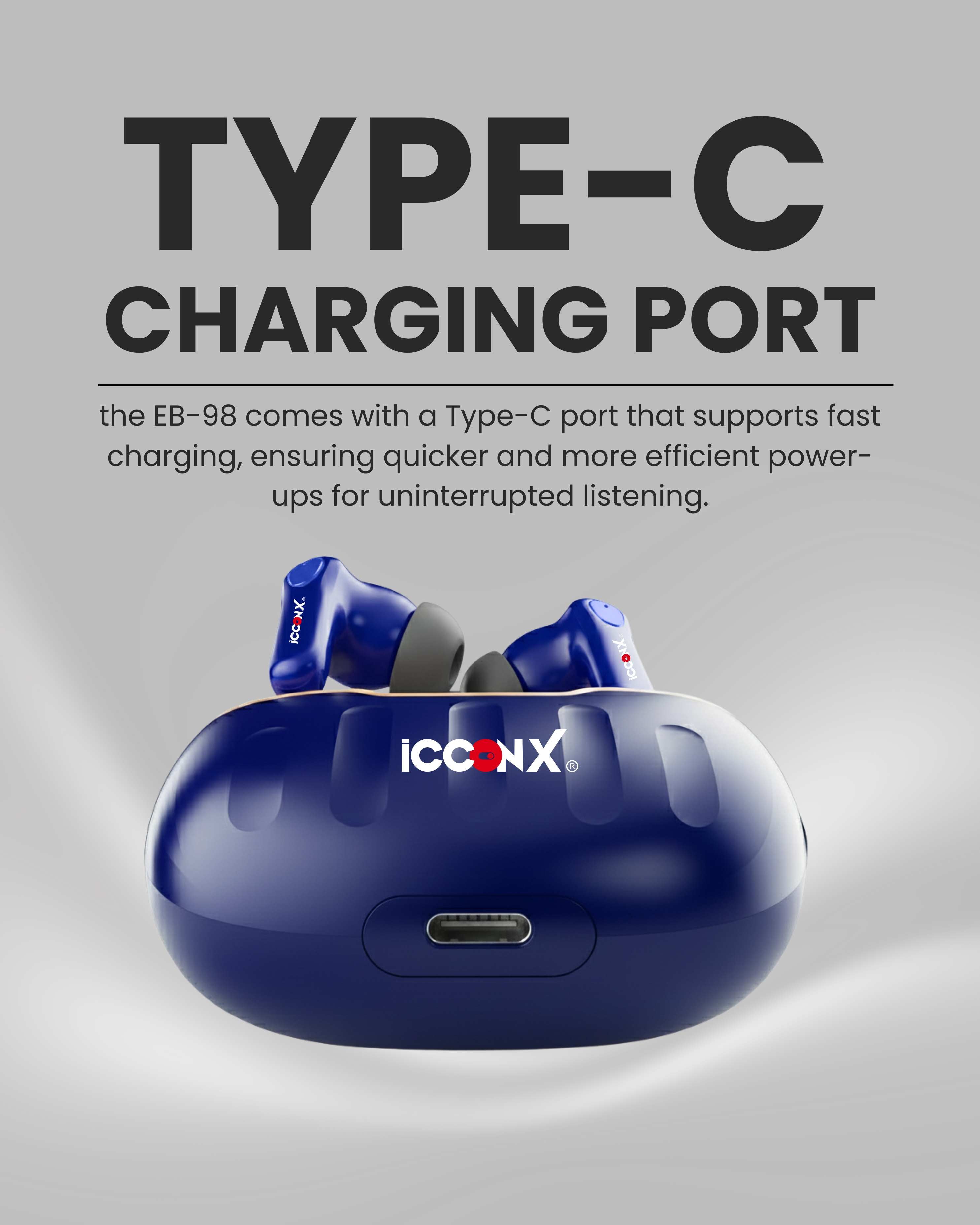 ICCONX EB-98 - Navy | 52 Hours Playtime | Bluetooth 5.3 | Deep Bass | Smart Touch Controls | Type-C Fast Charging