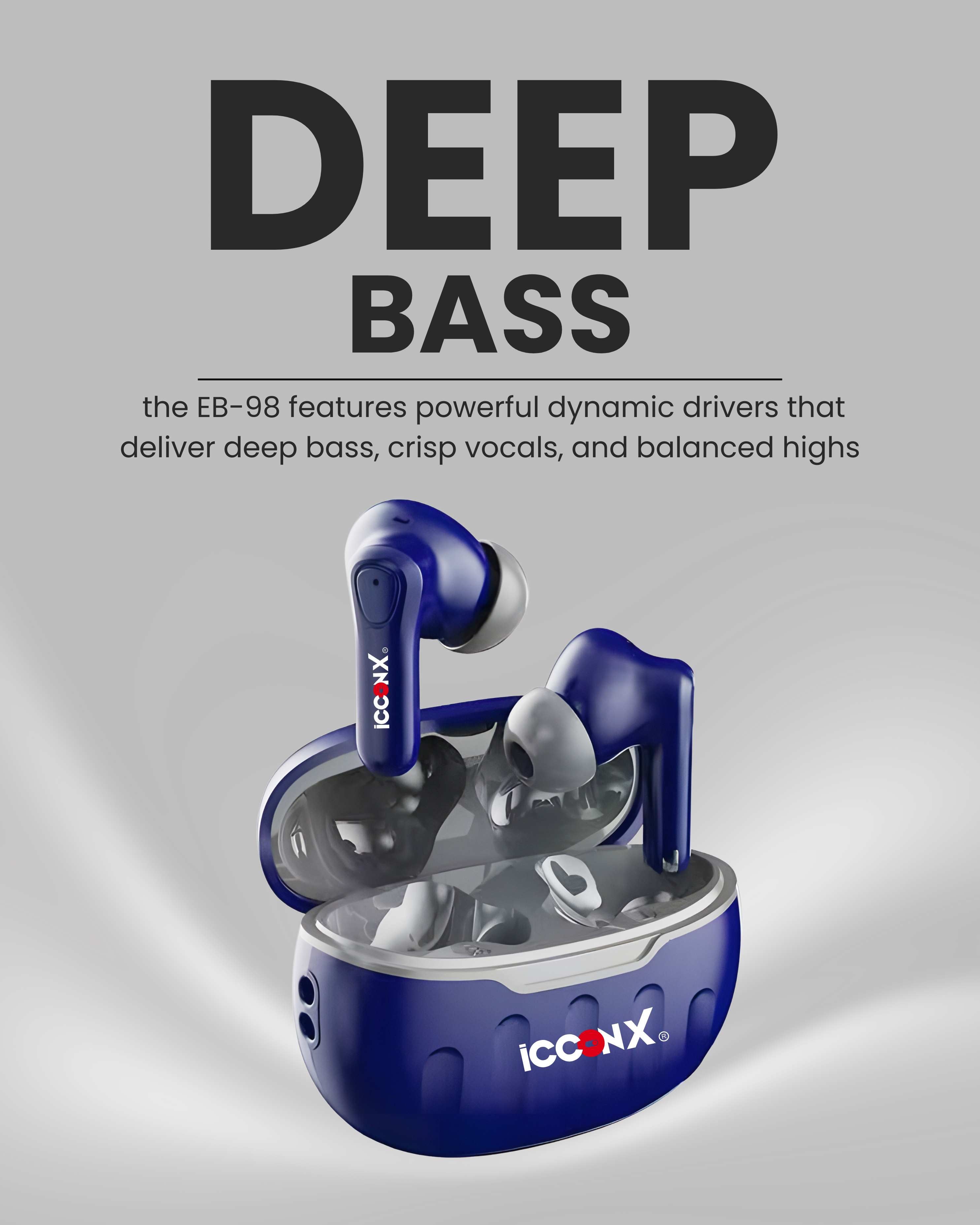 ICCONX EB-98 - Navy | 52 Hours Playtime | Bluetooth 5.3 | Deep Bass | Smart Touch Controls | Type-C Fast Charging