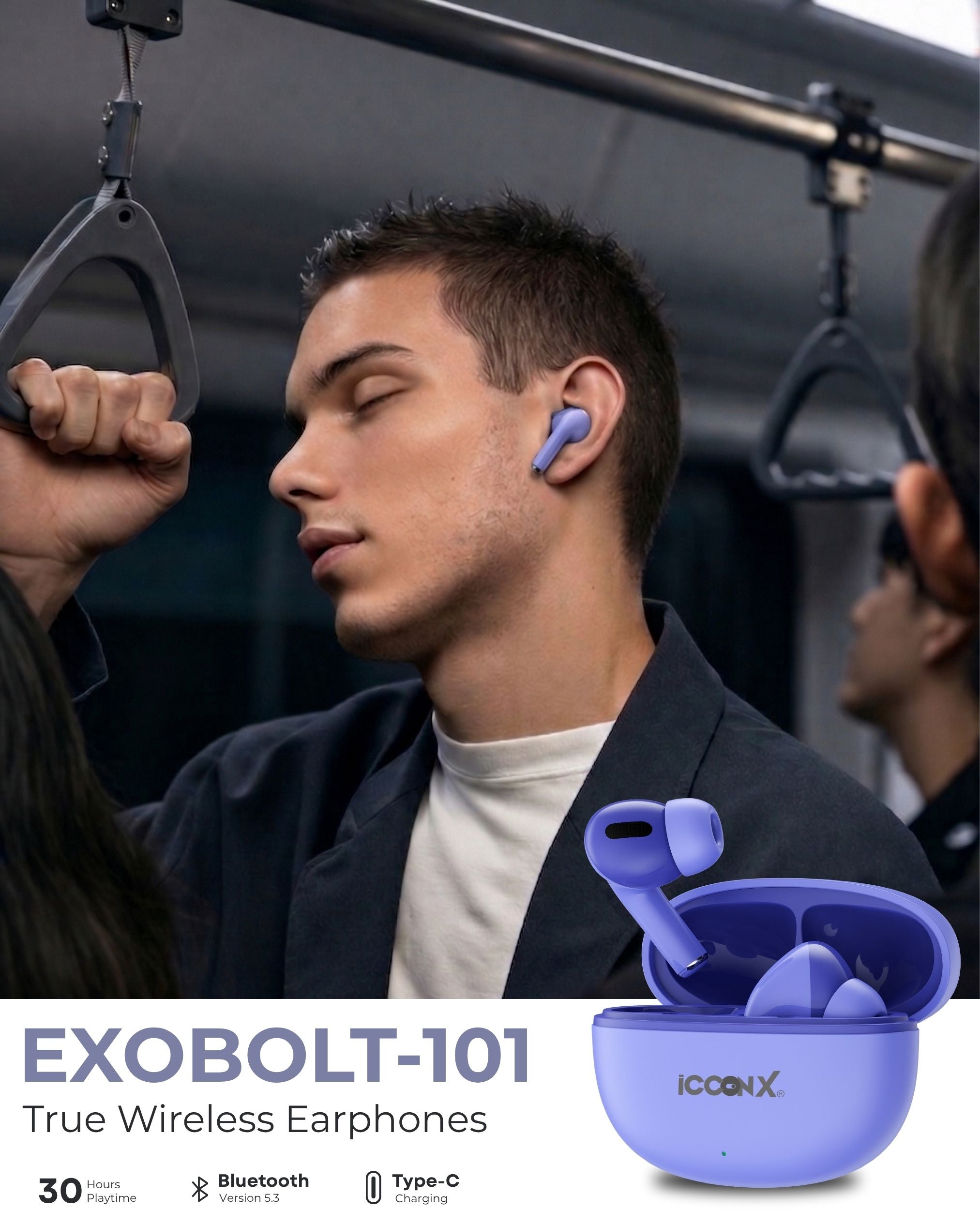 ICCONX EXOBOLT-101 | 30 Hours Playtime | Bluetooth 5.3 | Deep Bass | Splash Proof Design | True Wireless Earbuds