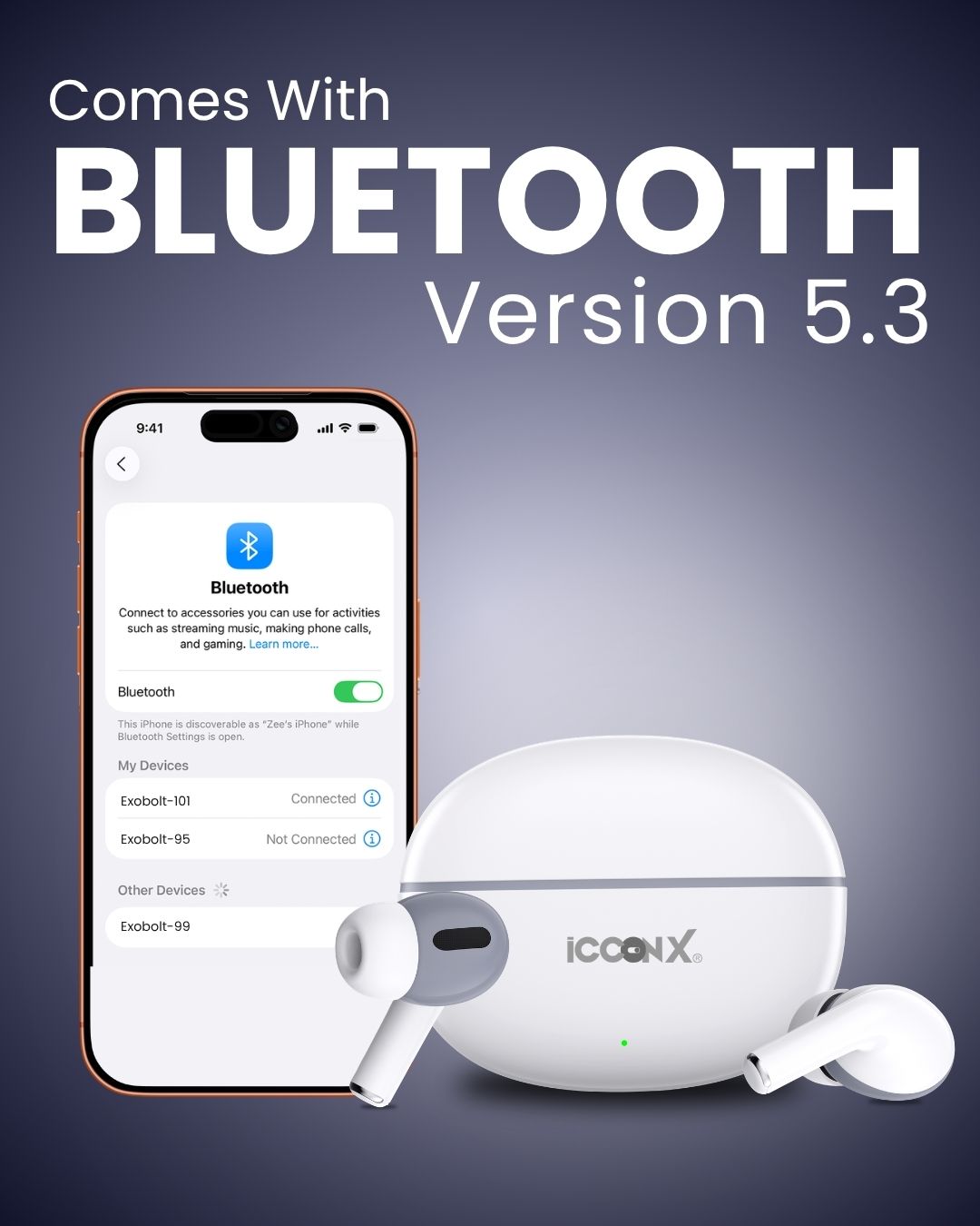 ICCONX EXOBOLT-101 | 30 Hours Playtime | Bluetooth 5.3 | Deep Bass | Splash Proof Design | True Wireless Earbuds