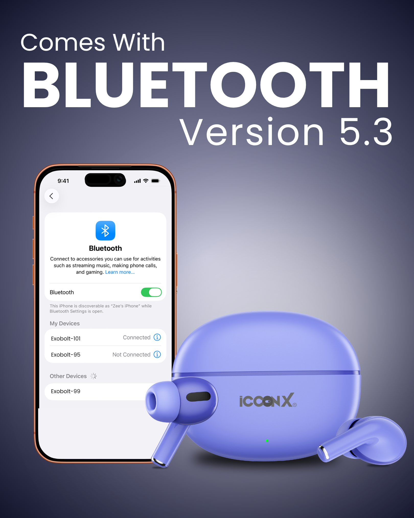 ICCONX EXOBOLT-101 | 30 Hours Playtime | Bluetooth 5.3 | Deep Bass | Splash Proof Design | True Wireless Earbuds