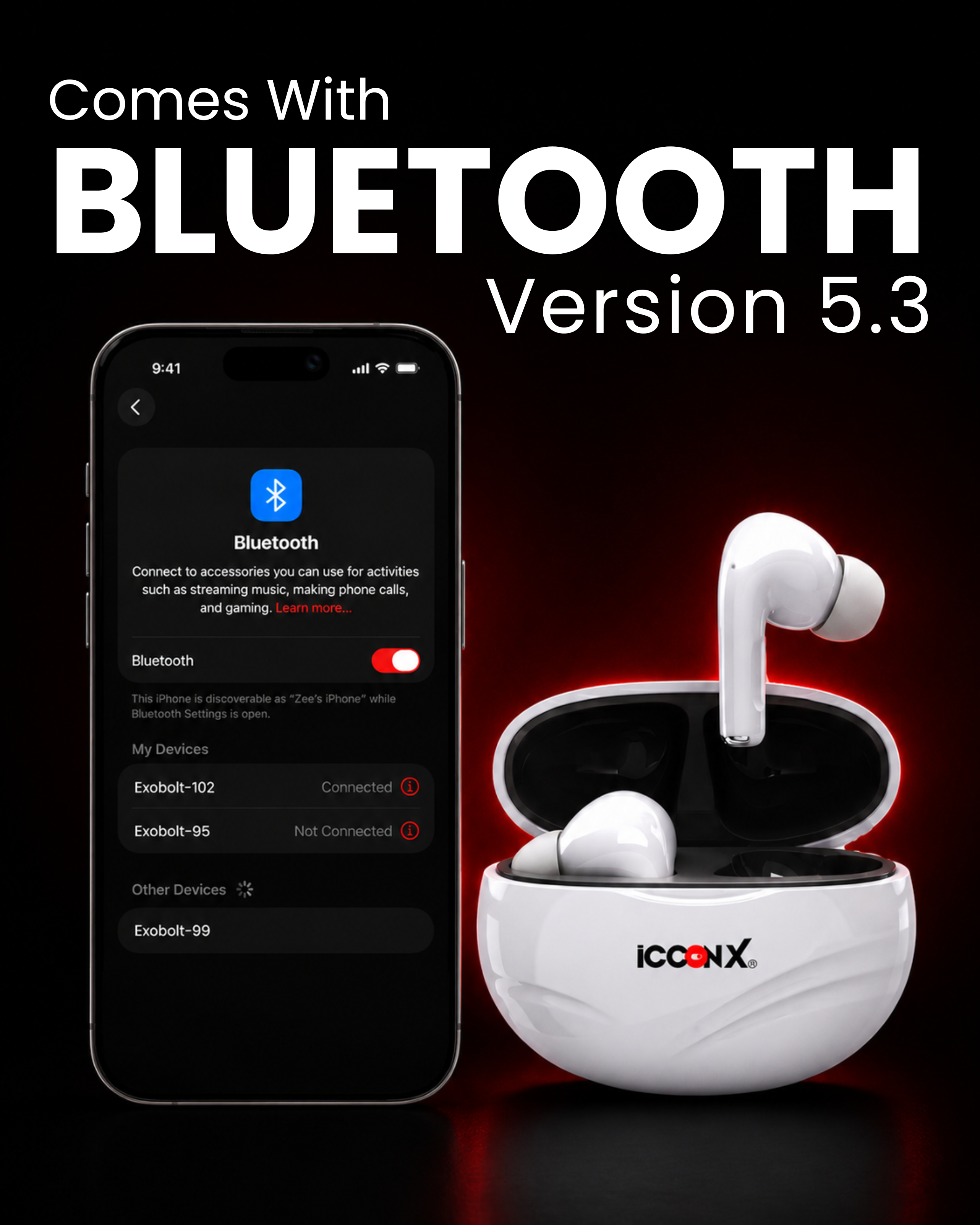 ICCONX EXOBOLT-102 | 30 Hours Playtime | Touch Controls | Type-C Charging | Bluetooth 5.3 | True Wireless Earbuds