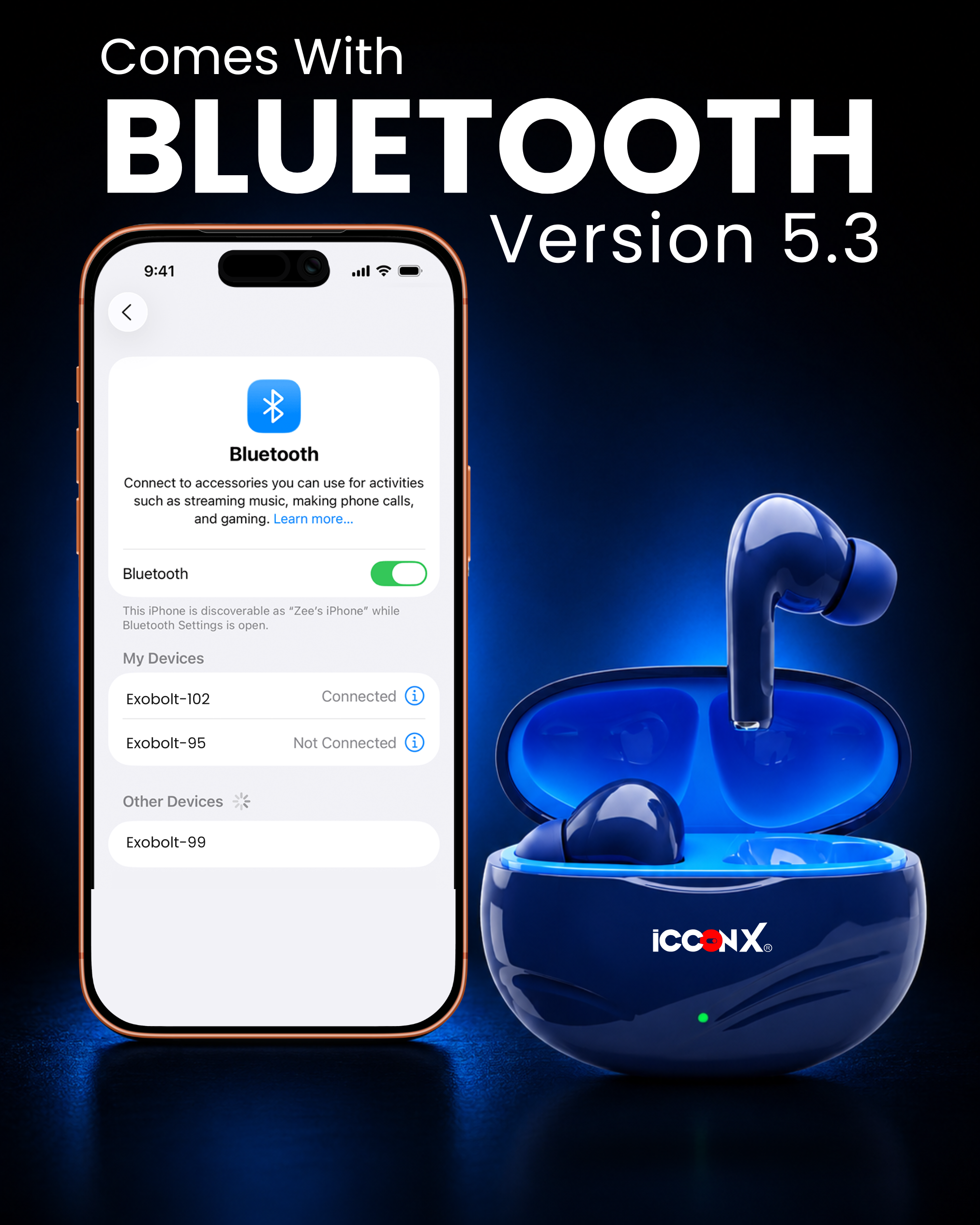 ICCONX EXOBOLT-102 | 30 Hours Playtime | Touch Controls | Type-C Charging | Bluetooth 5.3 | True Wireless Earbuds