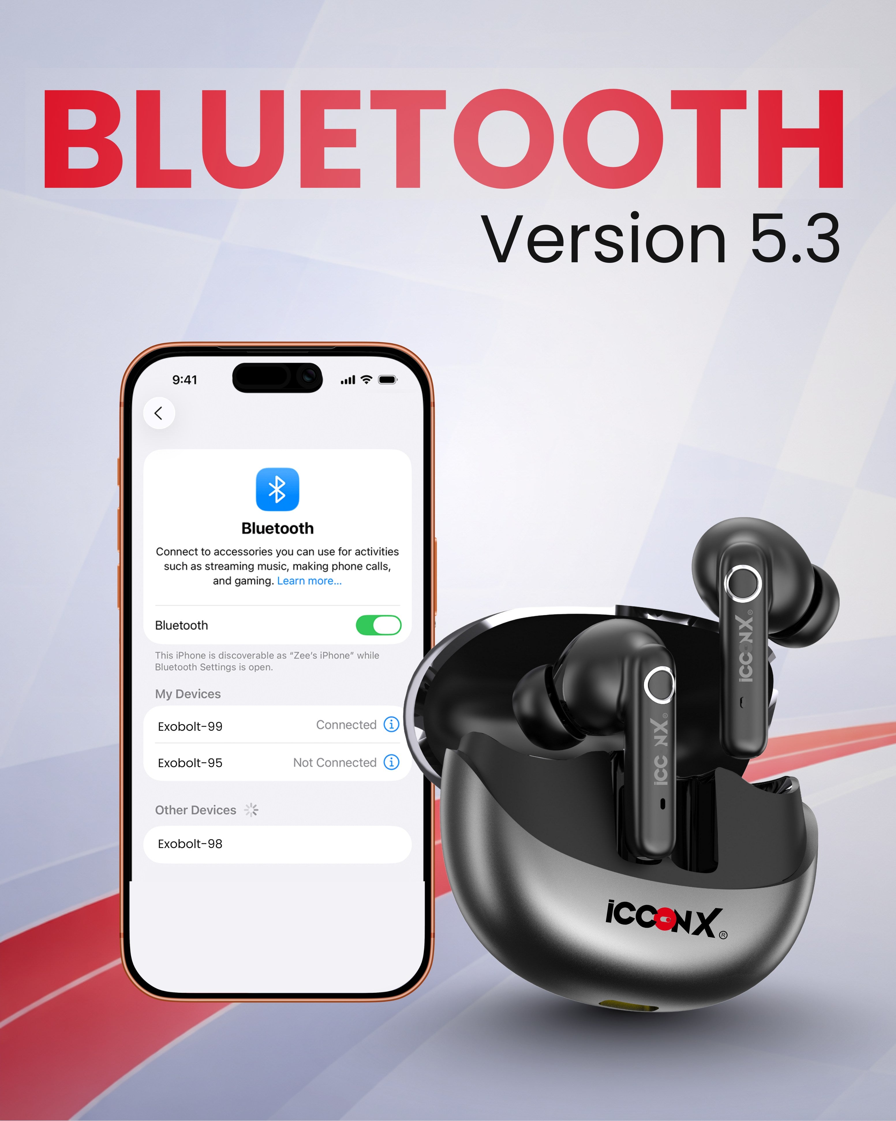 ICCONX EXOBOLT-99 | 40 Hours Playtime | Bluetooth 5.3 | Smart Touch Controls | Type-C Charging | True Wireless