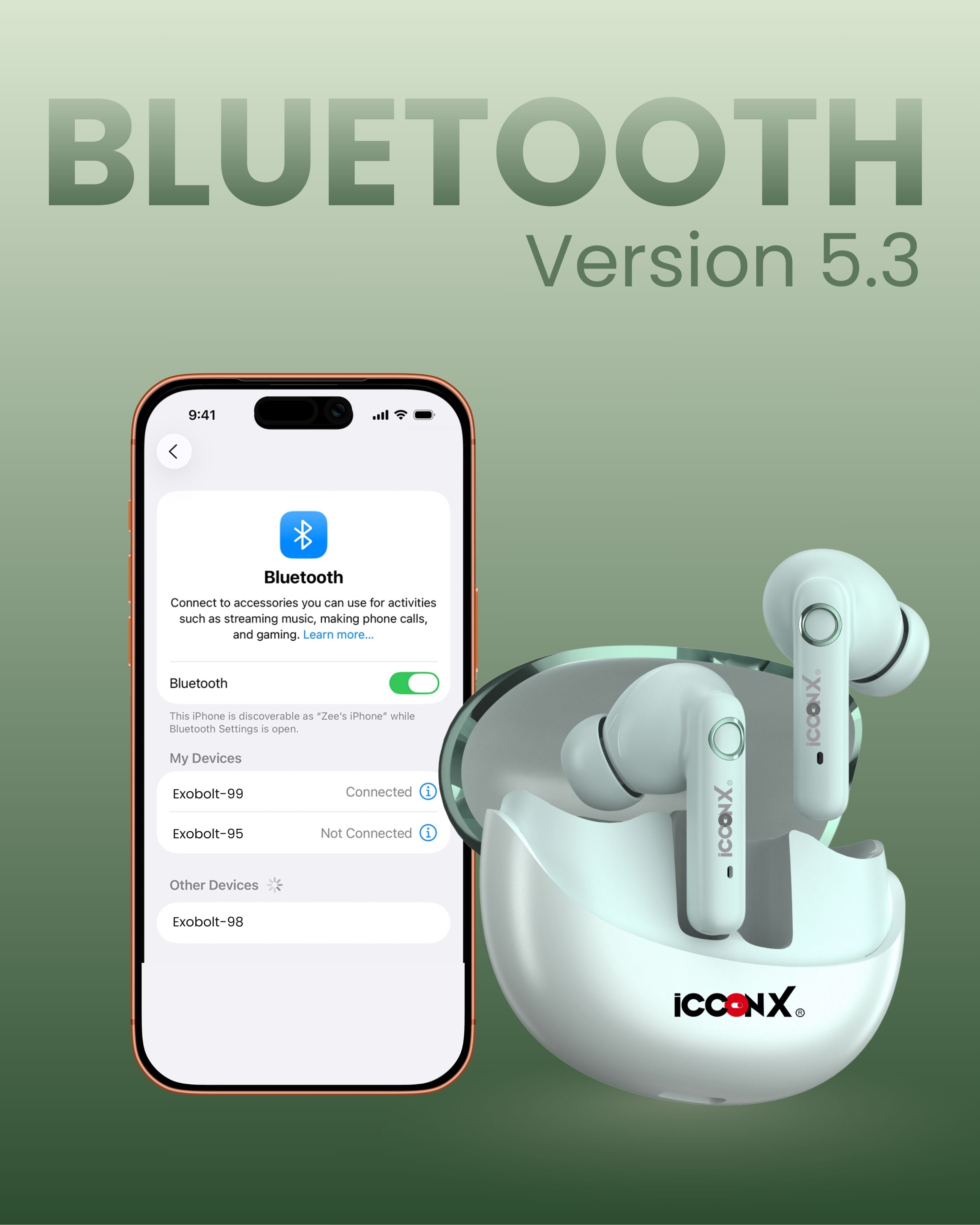 ICCONX EXOBOLT-99 - Green | 40 Hours Playtime | Bluetooth 5.3 | Smart Touch Controls | Type-C Charging | True Wireless