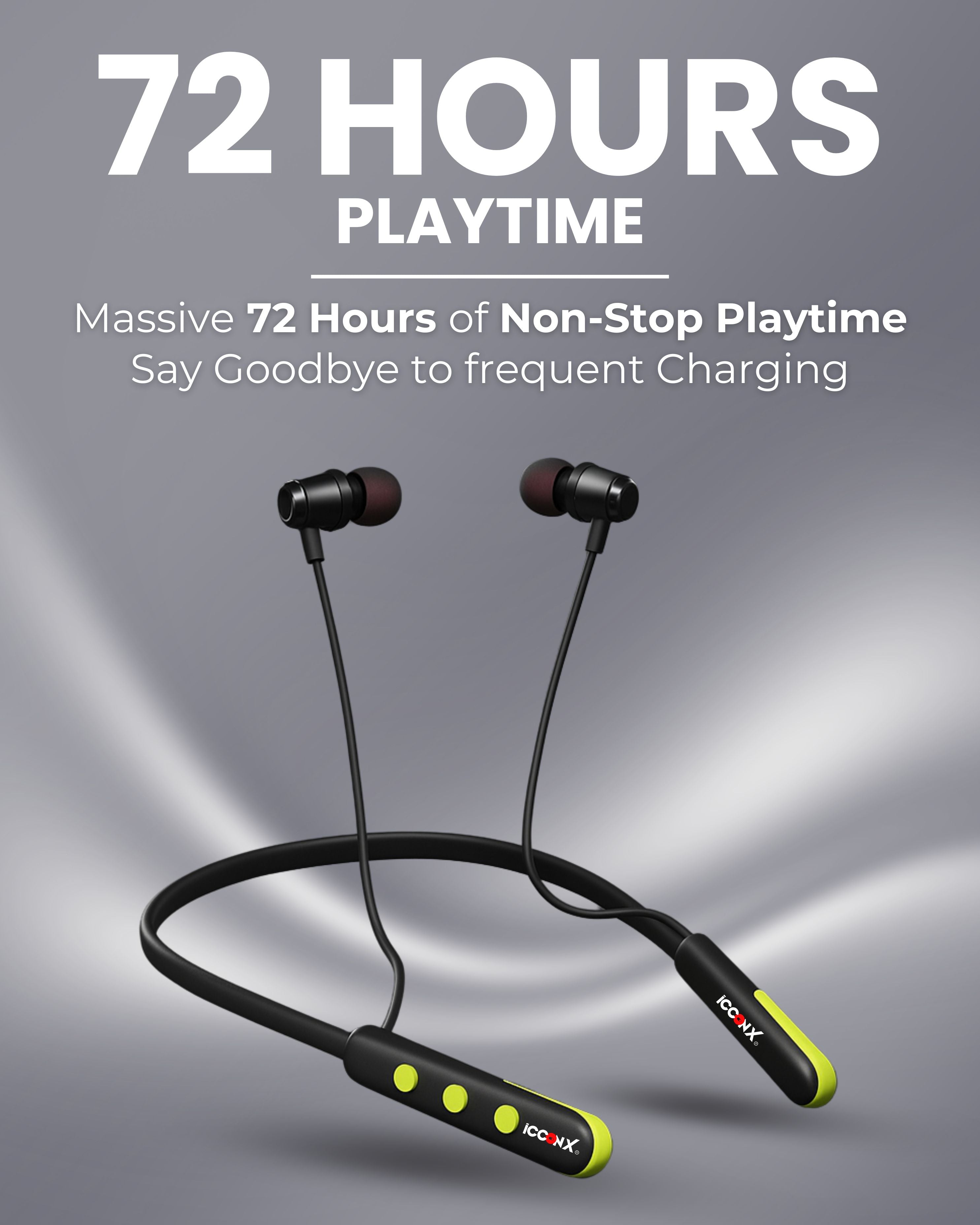 ICCONX Stereo Wireless Neckband NB-05 | 72Hrs Playtime | Bluetooth 5.0 | Fast Charging | Magnetic Earbuds | Full Charge in 1.5 Hours | Designed for Ease.