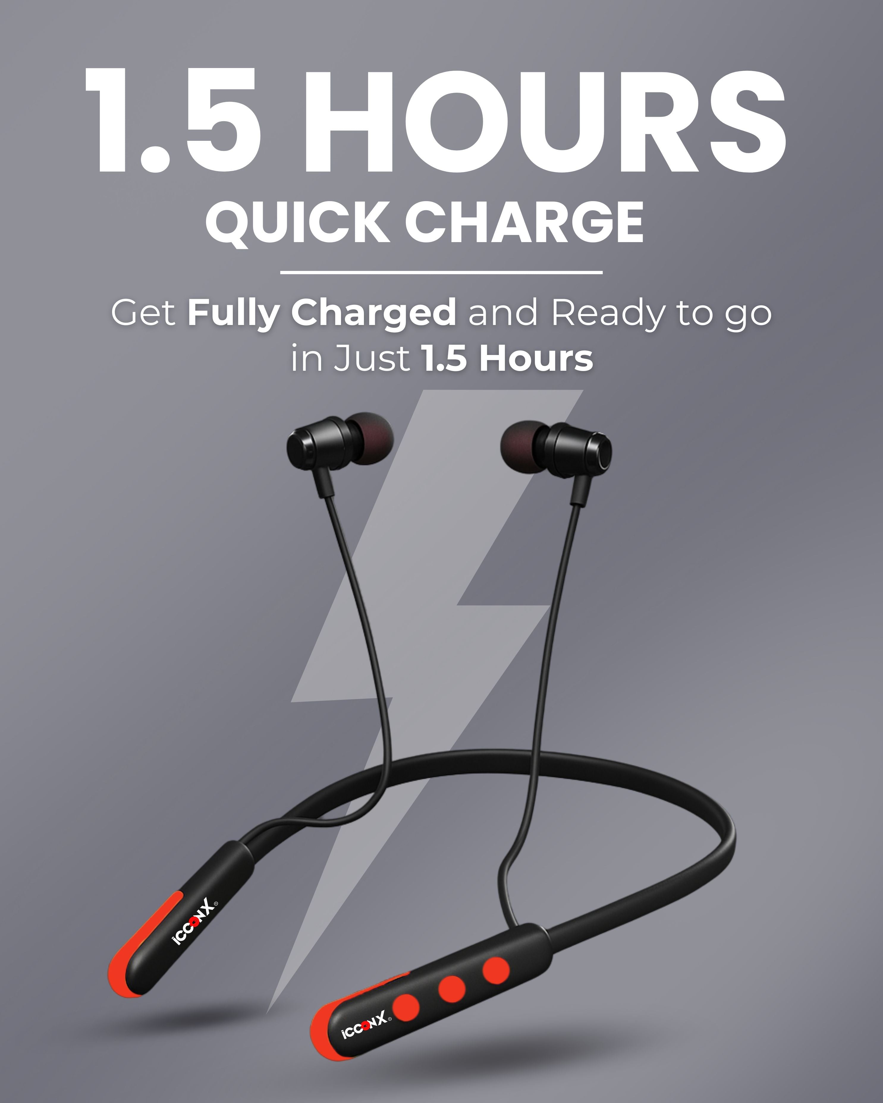 ICCONX Stereo Wireless Neckband NB-05 - Red | 72Hrs Playtime | Bluetooth 5.0 | Fast Charging | Magnetic Earbuds | Full Charge in 1.5 Hours | Designed for Ease.