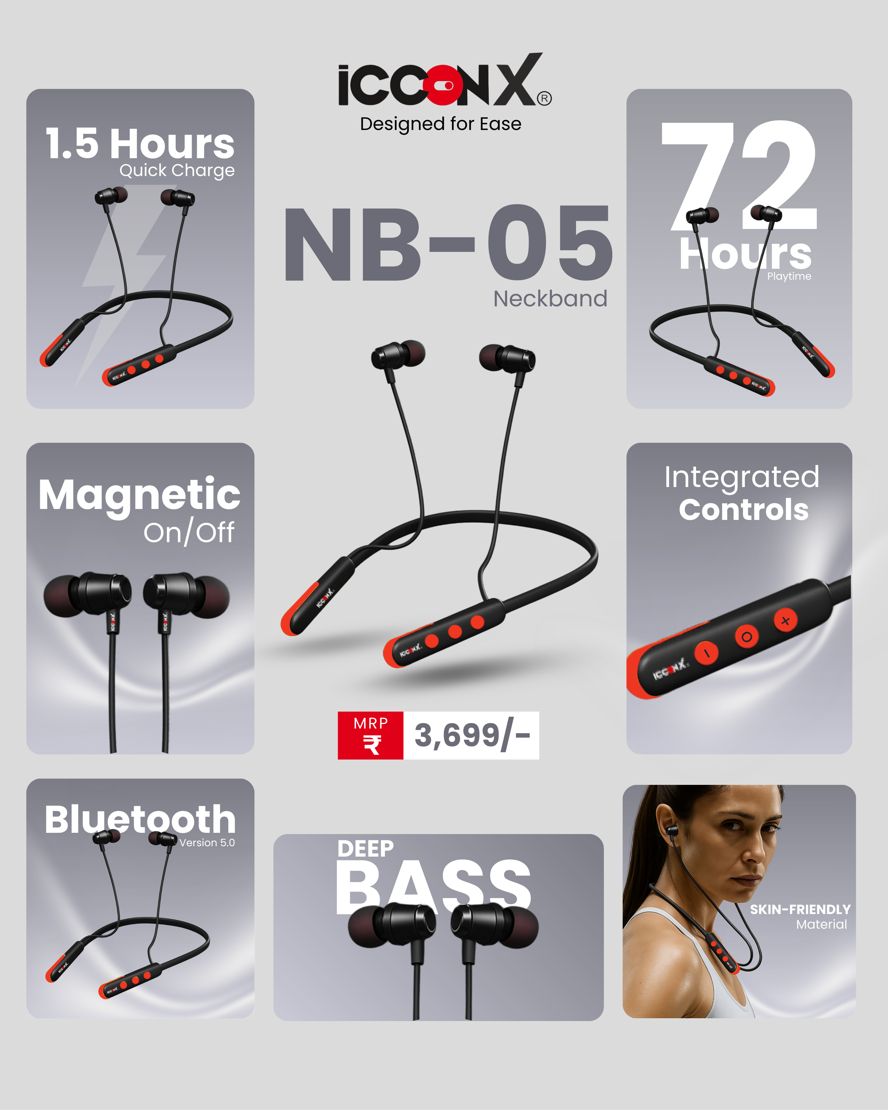 ICCONX Stereo Wireless Neckband NB-05 | 72Hrs Playtime | Bluetooth 5.0 | Fast Charging | Magnetic Earbuds | Full Charge in 1.5 Hours | Designed for Ease.