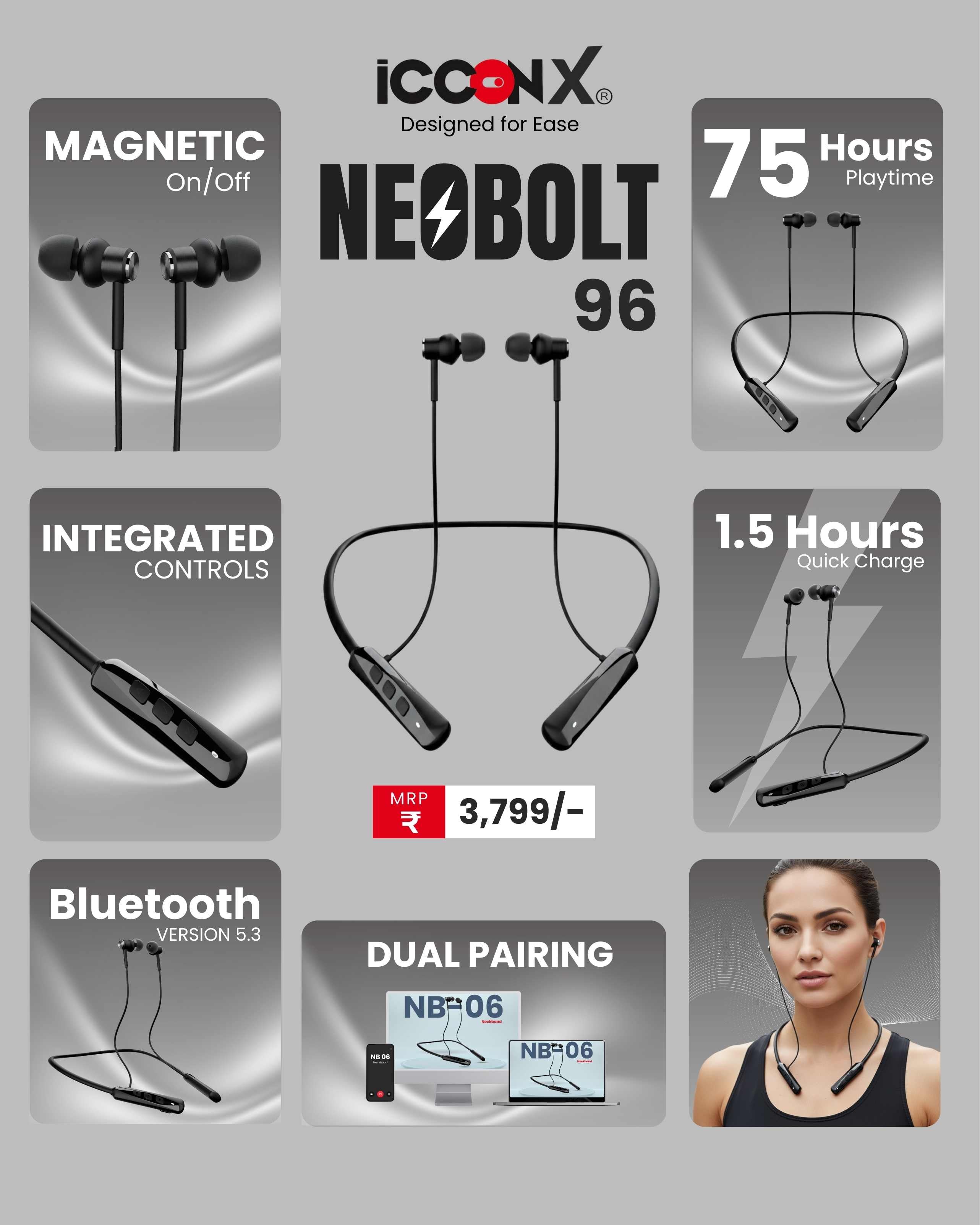 ICCONX Stereo Wireless Neckband Neobolt-06 | 75 Hours Playtime | Fast Charging | Magnetic ON/OFF | Bluetooth 5.0 | Multi-Directional Mic | Designed for Ease