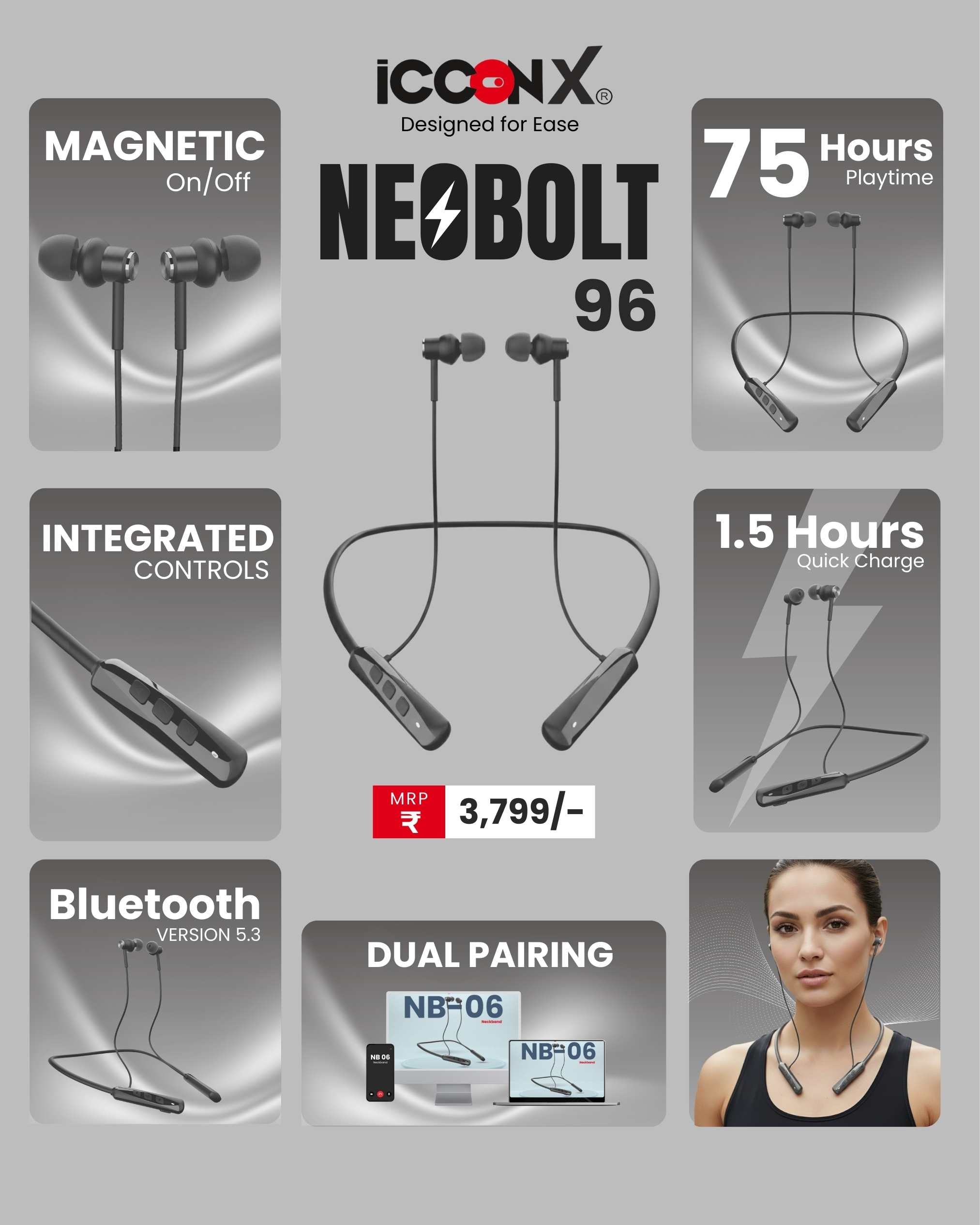 ICCONX Stereo Wireless Neckband Neobolt-06 - Grey | 75 Hours Playtime | Fast Charging | Magnetic ON/OFF | Bluetooth 5.0 | Multi-Directional Mic | Designed for Ease