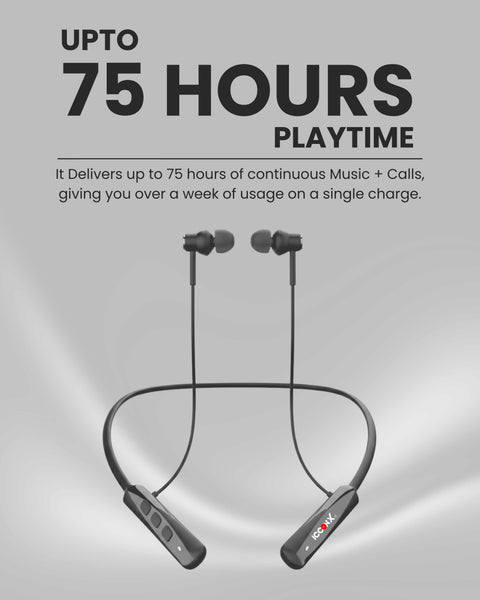 ICCONX Stereo Wireless Neckband Neobolt-06 - Grey | 75 Hours Playtime | Fast Charging | Magnetic ON/OFF | Bluetooth 5.0 | Multi-Directional Mic | Designed for Ease