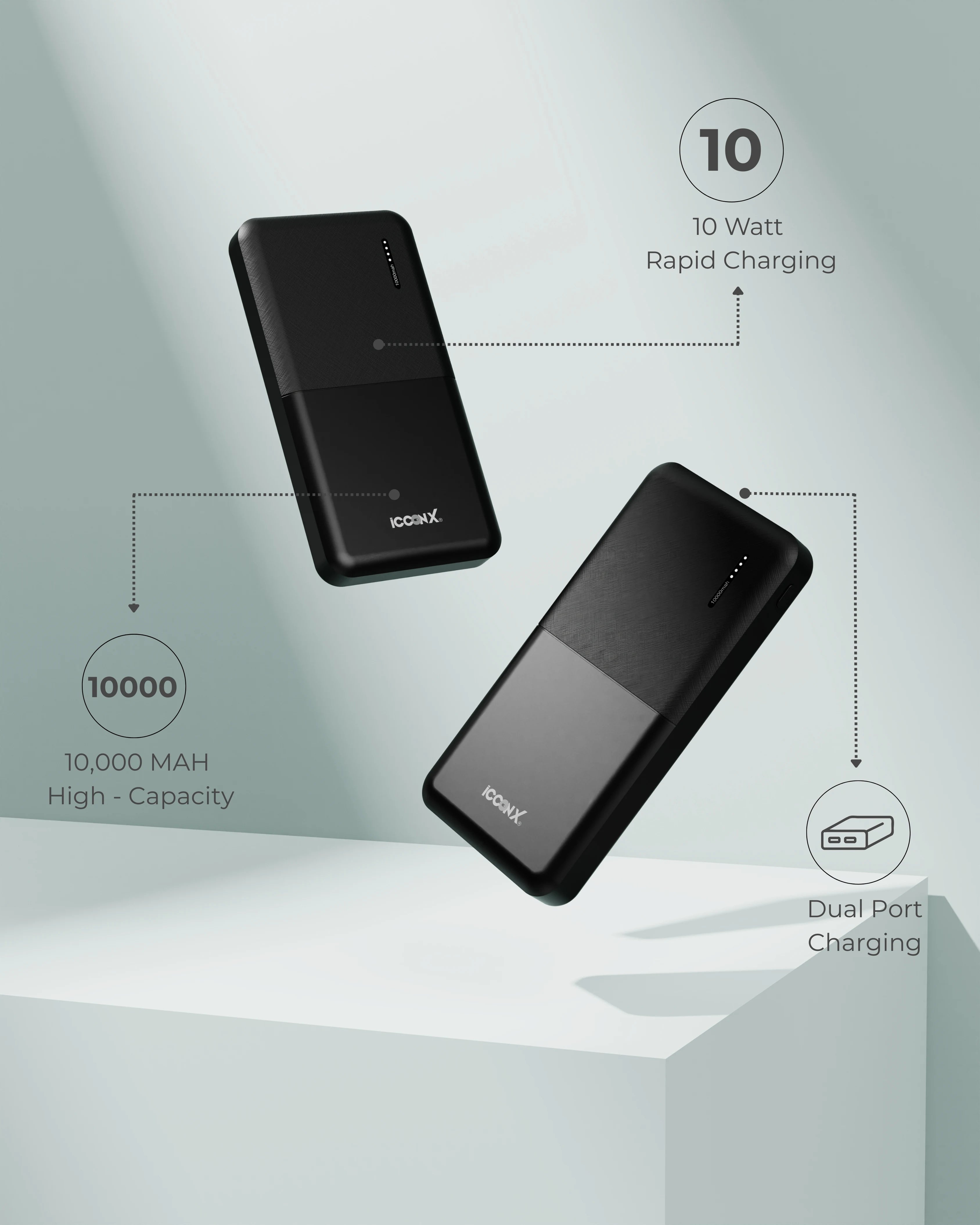 ICCON X PB-110 Power Bank, 10000 mAh, 10W, Dual USB Output, Type C & Micro USB,Built in Protections,LED Display, Included USB to Type C Cable, Made in India,Compact & Designed for Ease