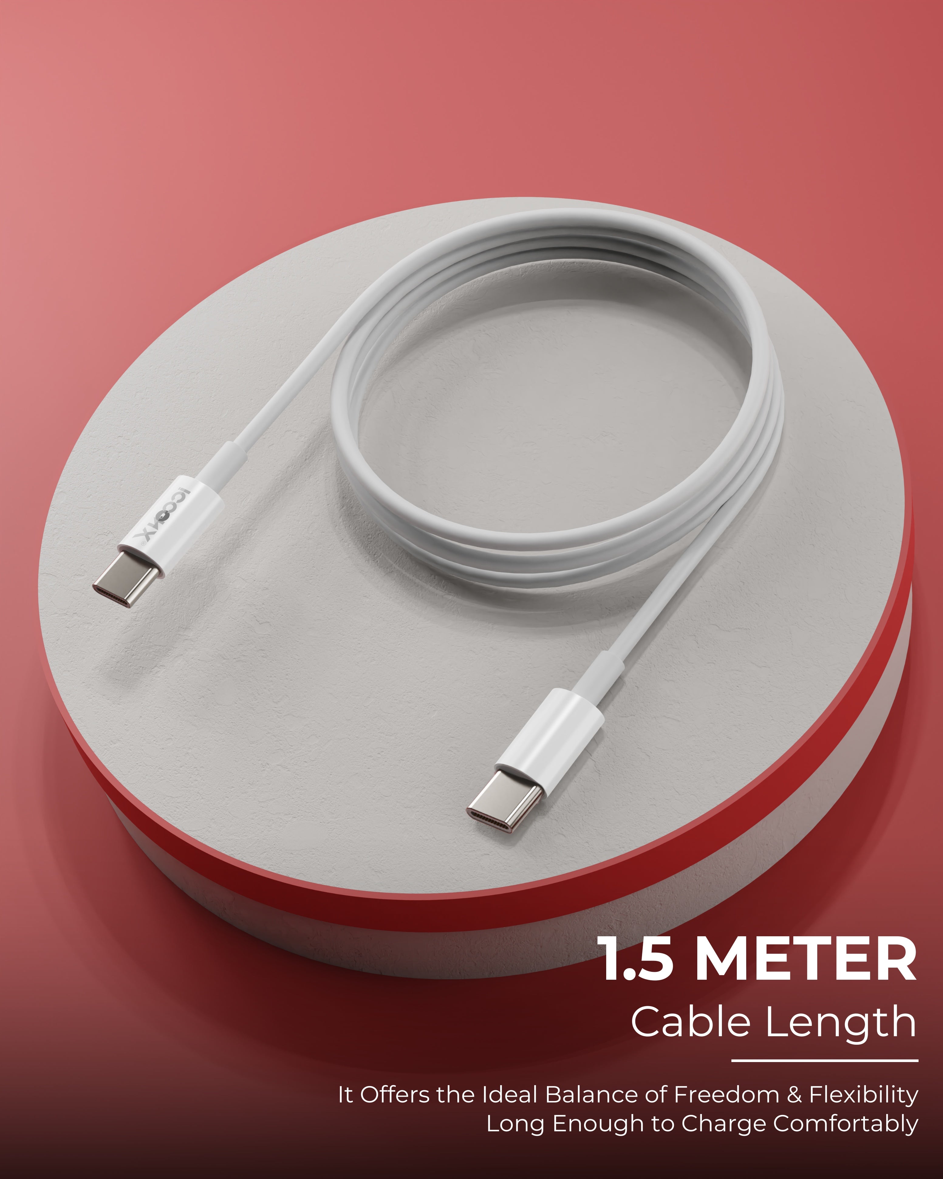 ICCON X TH-19 Type C to Type C Cable 44W Fast Charging, 1.5M Long, PD Tech, 3.5MM Thick, 10K Insertion & Bend Life, 480MBPS Data Transfer, Sync Cable for Android, Smartphones, Tablets, Laptops & Type C Devices, Stable Current, Durable Build