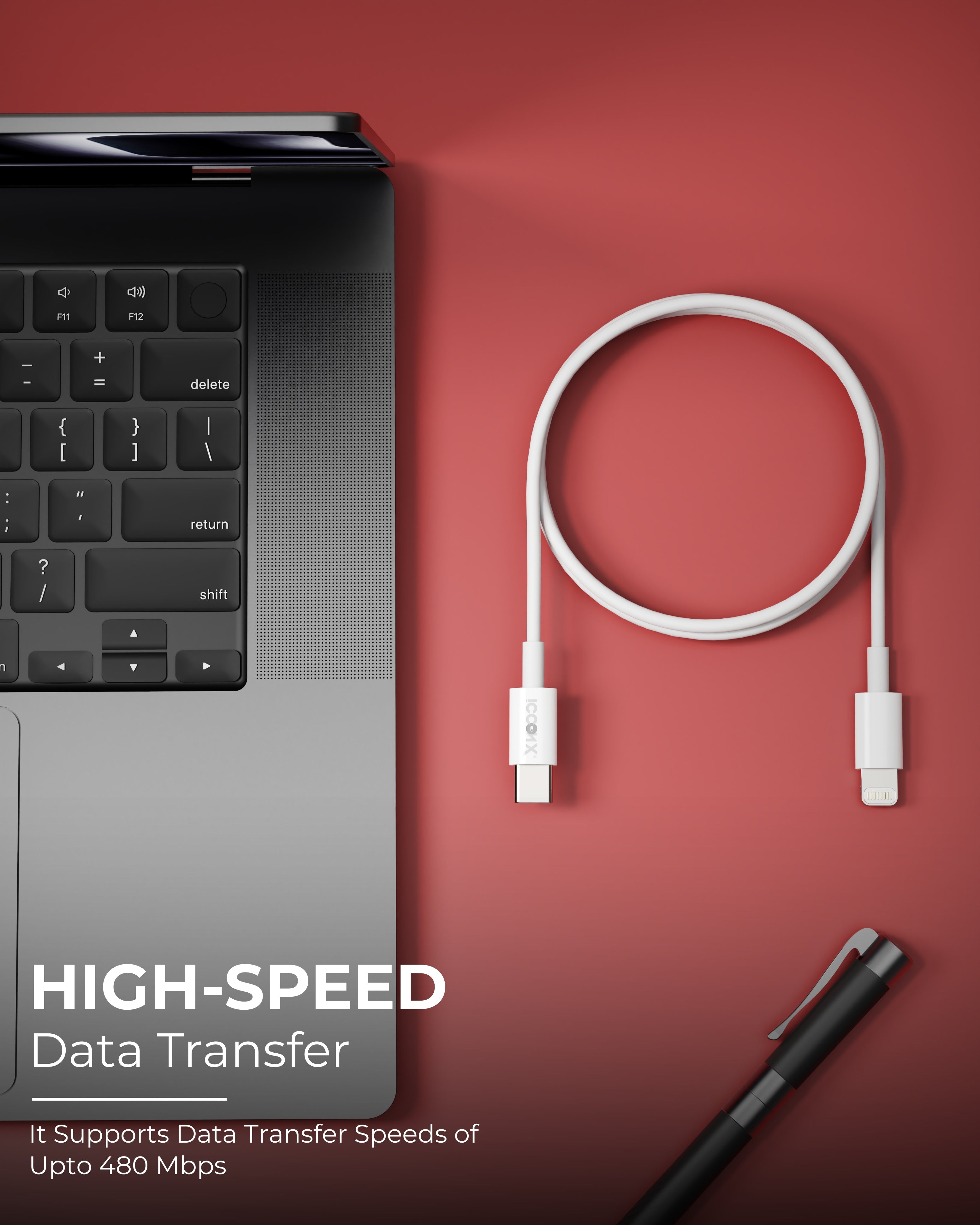 ICCON X TH-20 Type-C to Lightning USB Cable 20W Fast Charging, 1.5M Long, 3.5MM Thick, 10K Insertion & Bend Life, 480MBPS Data Transfer, Sync Cable for iPhone, iPad, MacBook, iMac, AirPods, Stable Current, Durable, Designed for Ease