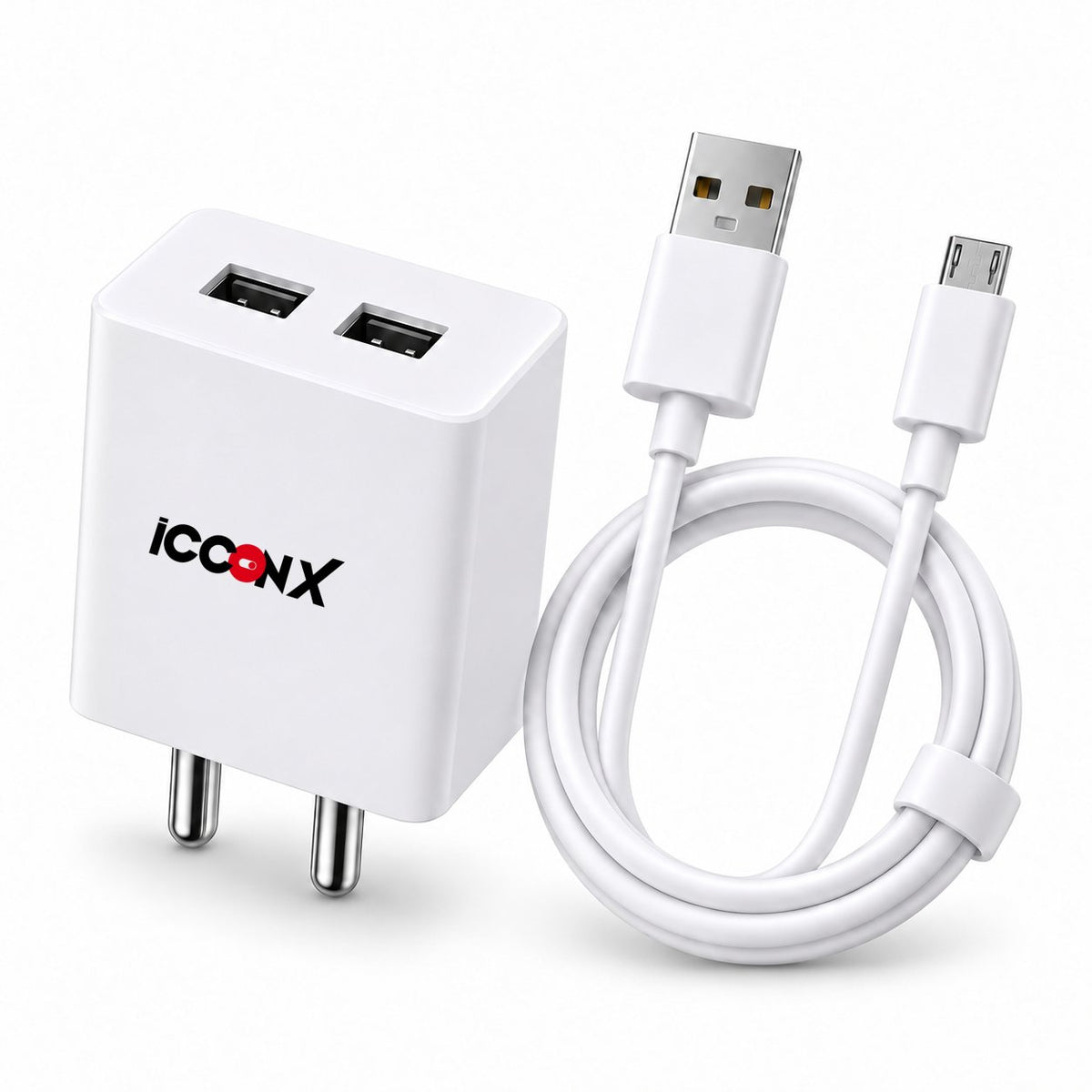 MC-88 Micro 18W Dual Port Charger with official icconX logo and Micro-USB cable