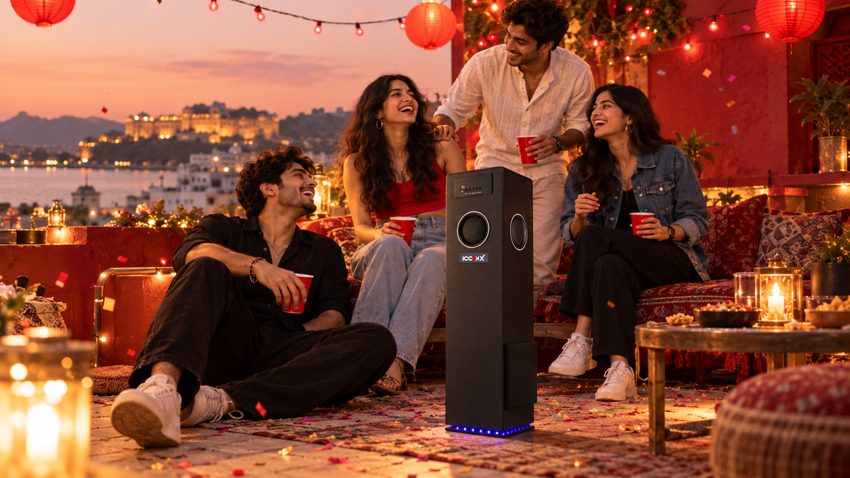 Friends at a rooftop party in Udaipur with the icconX TS-01 tower speaker