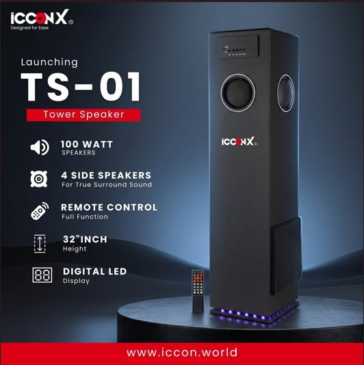 ICCONX TS-01 100W Tower Speaker 4 Side Speakers 32 Inch Height Digital LED