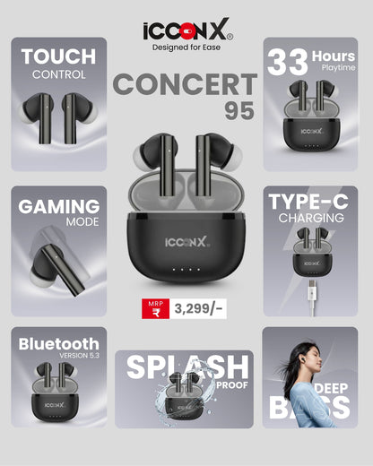 ICCONX CONCERT 95 - Black | 33Hrs Playtime | Bluetooth 5.3 | Fast Charging | SPLASH PROOF |TOUCH CONTROL | GAMING MODE 35ms| Designed for Ease.