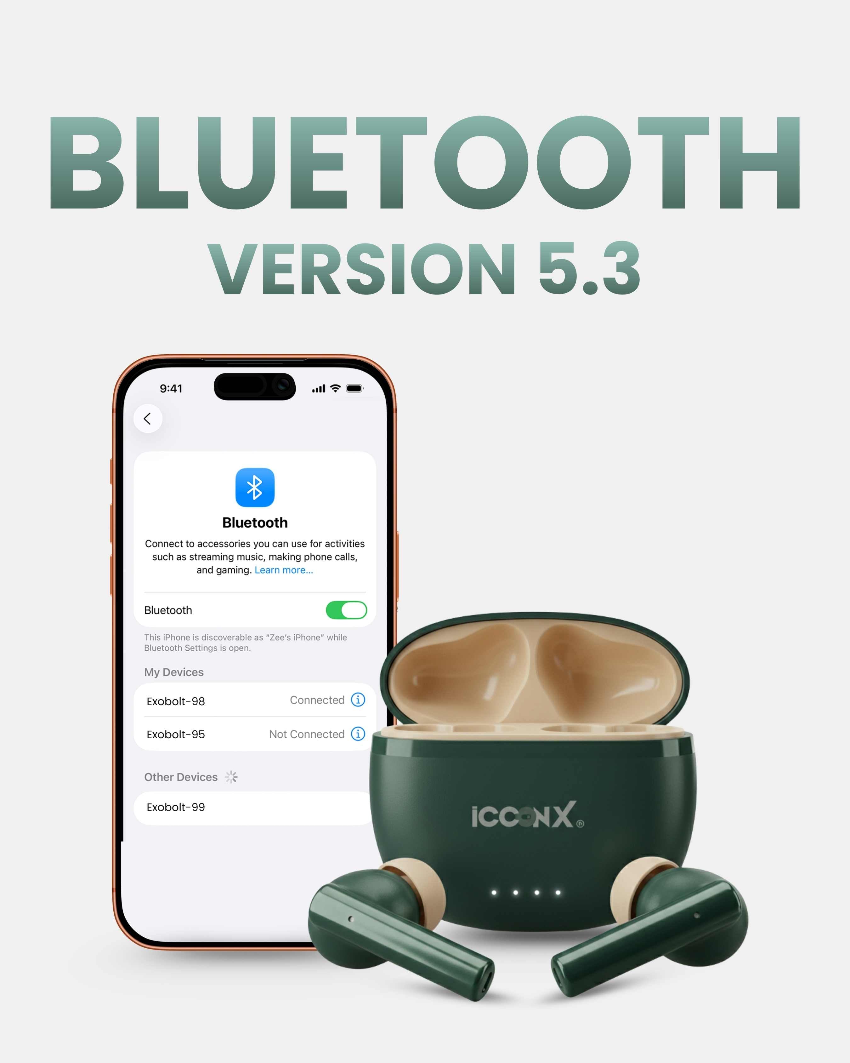 ICCONX CONCERT 95 - Green | 33Hrs Playtime | Bluetooth 5.3 | Fast Charging | SPLASH PROOF |TOUCH CONTROL | GAMING MODE 35ms| Designed for Ease.