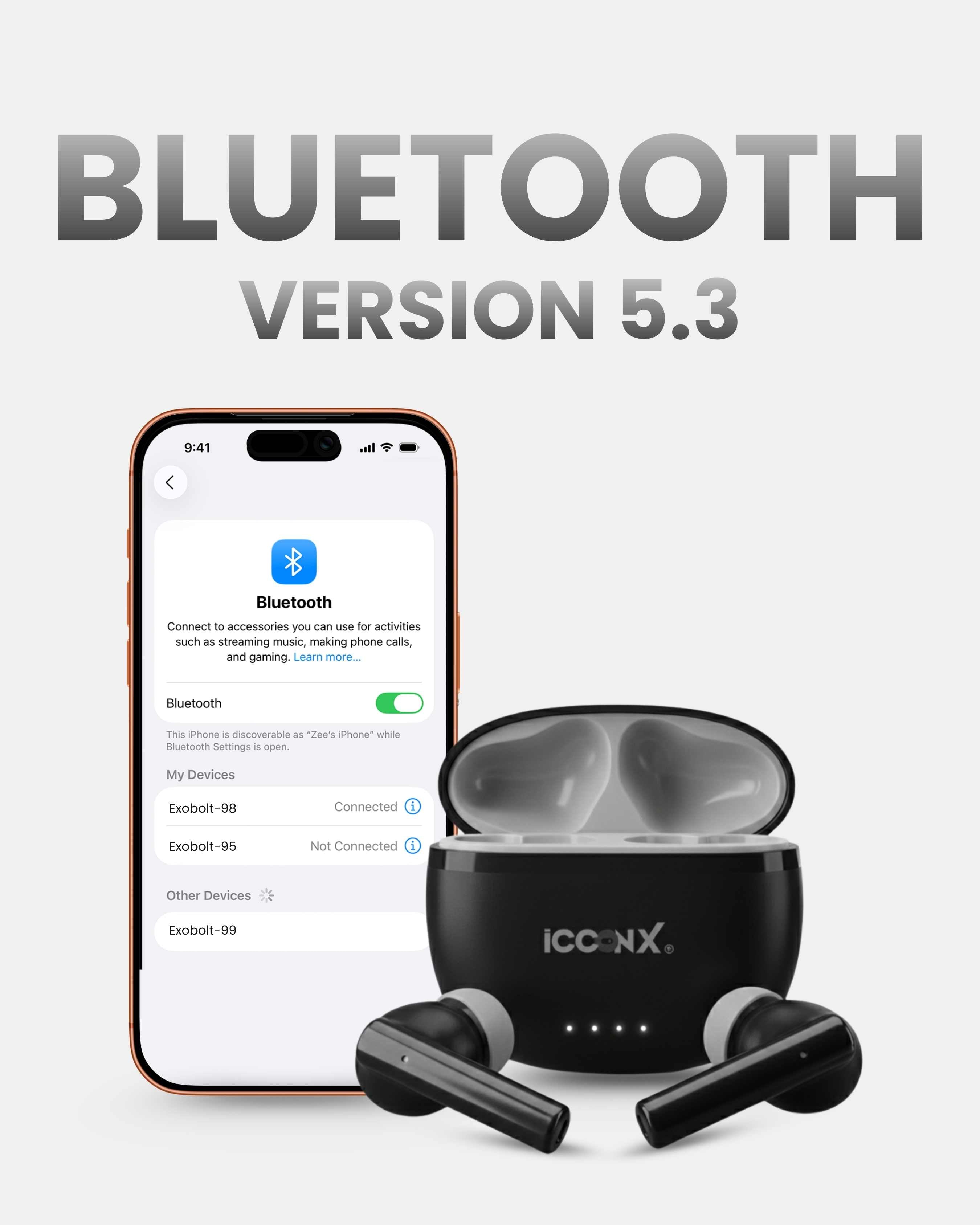 ICCONX CONCERT 95 - Black | 33Hrs Playtime | Bluetooth 5.3 | Fast Charging | SPLASH PROOF |TOUCH CONTROL | GAMING MODE 35ms| Designed for Ease.