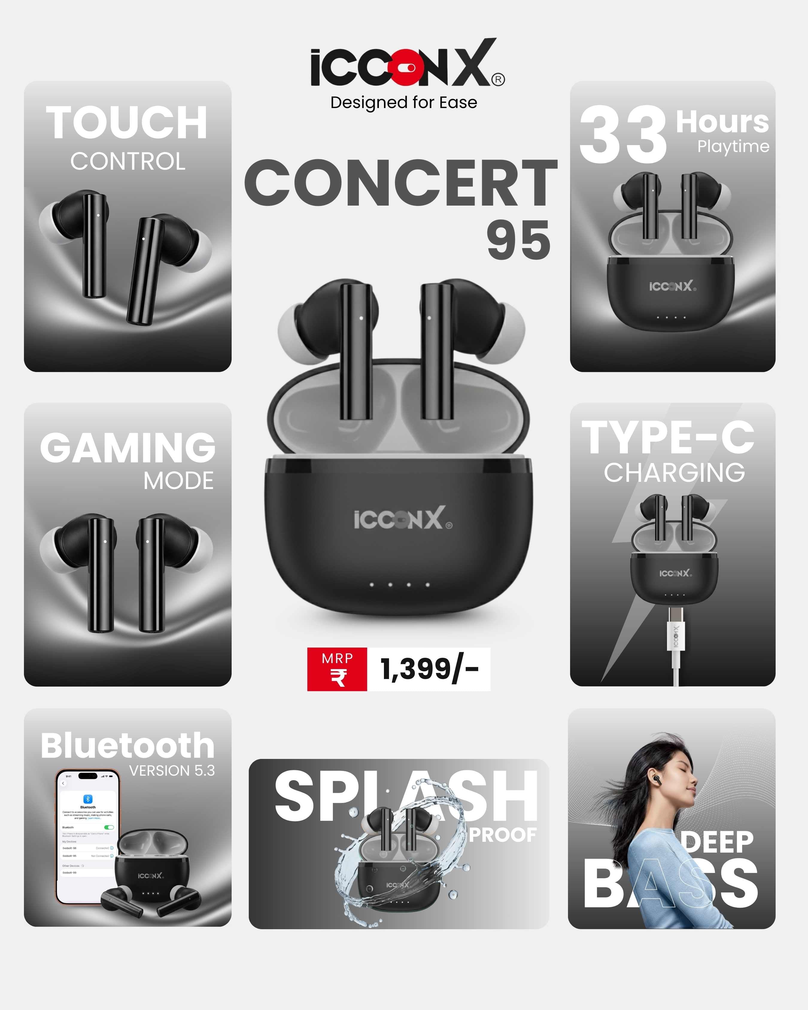ICCONX CONCERT 95 - Black | 33Hrs Playtime | Bluetooth 5.3 | Fast Charging | SPLASH PROOF |TOUCH CONTROL | GAMING MODE 35ms| Designed for Ease.