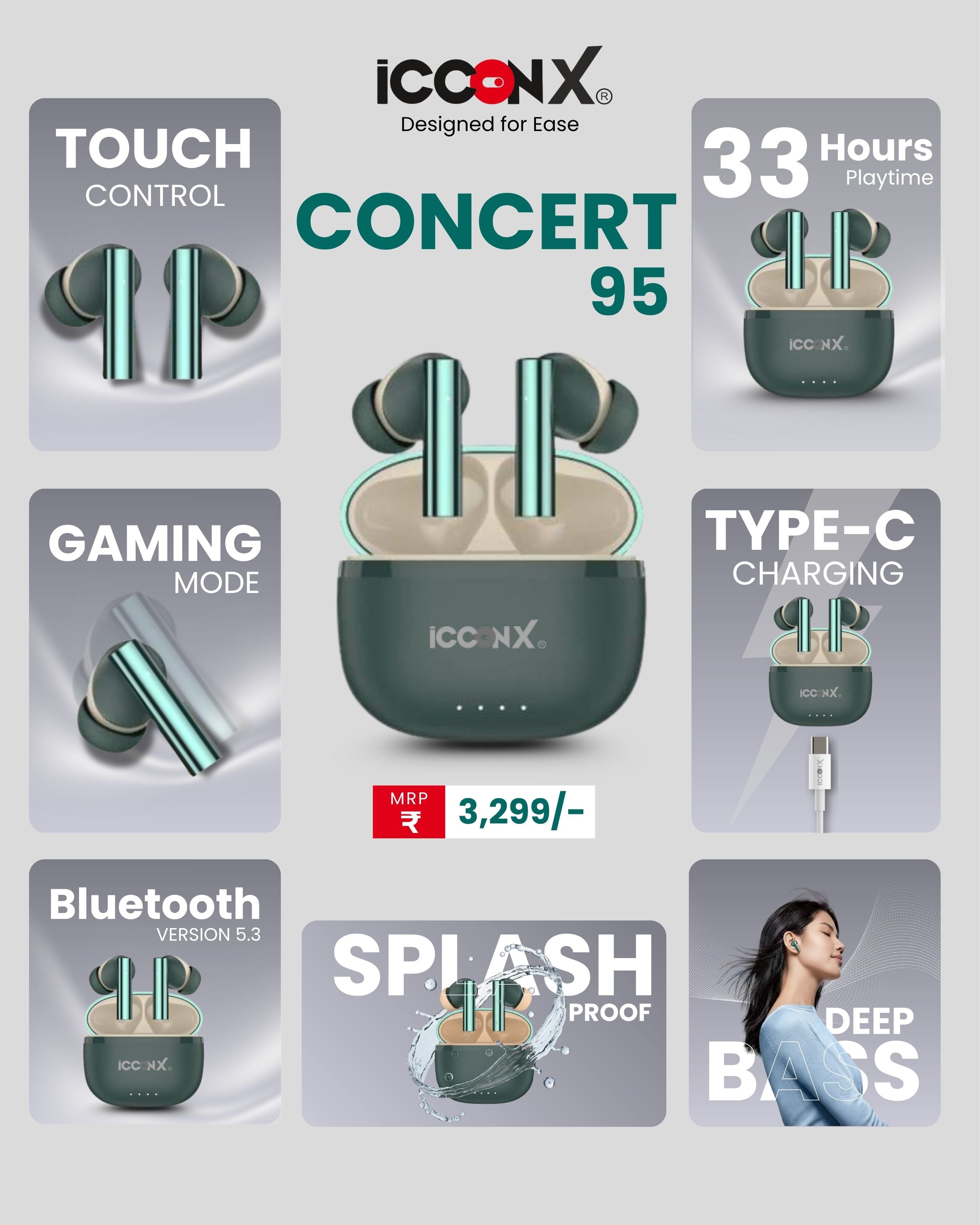 ICCONX CONCERT 95 - Green | 33Hrs Playtime | Bluetooth 5.3 | Fast Charging | SPLASH PROOF |TOUCH CONTROL | GAMING MODE 35ms| Designed for Ease.