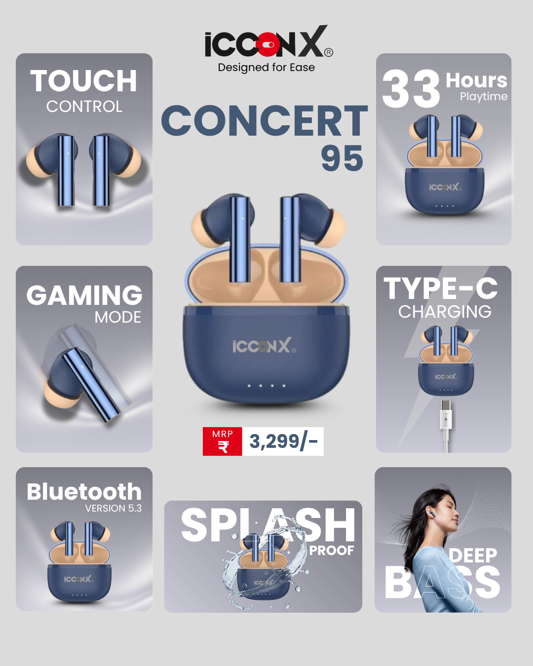 ICCONX CONCERT 95 - Blue | 33Hrs Playtime | Bluetooth 5.3 | Fast Charging | SPLASH PROOF |TOUCH CONTROL | GAMING MODE 35ms| Designed for Ease.
