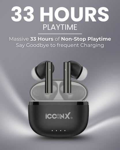 ICCONX CONCERT 95 - Black | 33Hrs Playtime | Bluetooth 5.3 | Fast Charging | SPLASH PROOF |TOUCH CONTROL | GAMING MODE 35ms| Designed for Ease.