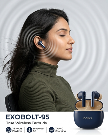 ICCONX CONCERT 95 - Blue | 33Hrs Playtime | Bluetooth 5.3 | Fast Charging | SPLASH PROOF |TOUCH CONTROL | GAMING MODE 35ms| Designed for Ease.