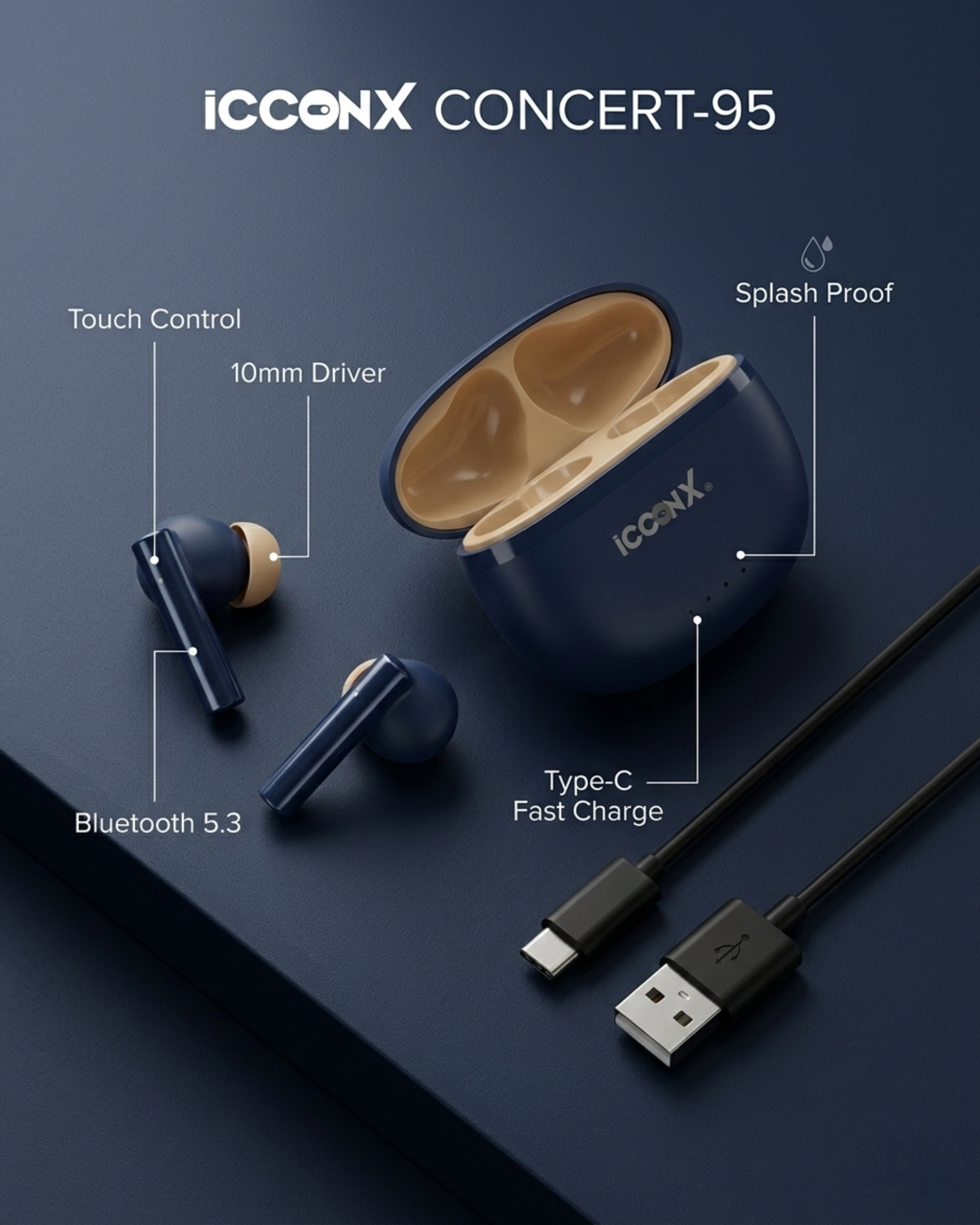 ICCONX CONCERT 95 - Blue | 33Hrs Playtime | Bluetooth 5.3 | Fast Charging | SPLASH PROOF |TOUCH CONTROL | GAMING MODE 35ms| Designed for Ease.