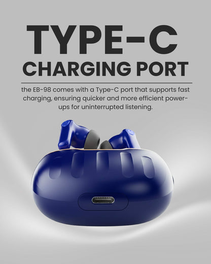 ICCONX EB-98 - Navy | 52 Hours Playtime | Bluetooth 5.3 | Deep Bass | Smart Touch Controls | Type-C Fast Charging