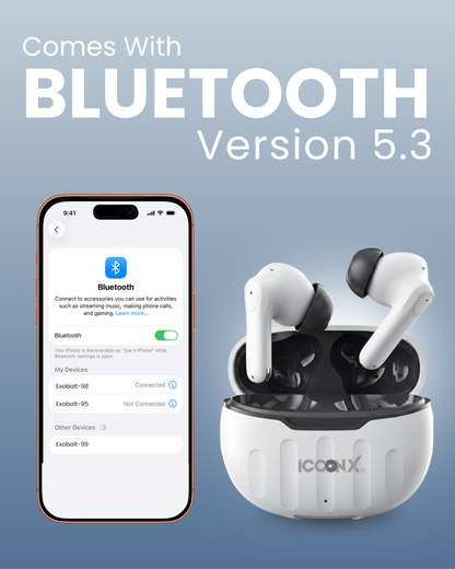 ICCONX EB-98 - White | 52 Hours Playtime | Bluetooth 5.3 | Deep Bass | Smart Touch Controls | Type-C Fast Charging