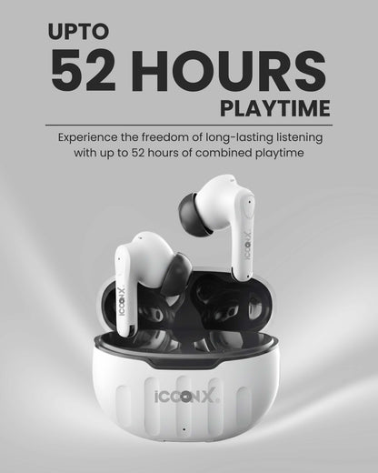 ICCONX EB-98 - White | 52 Hours Playtime | Bluetooth 5.3 | Deep Bass | Smart Touch Controls | Type-C Fast Charging