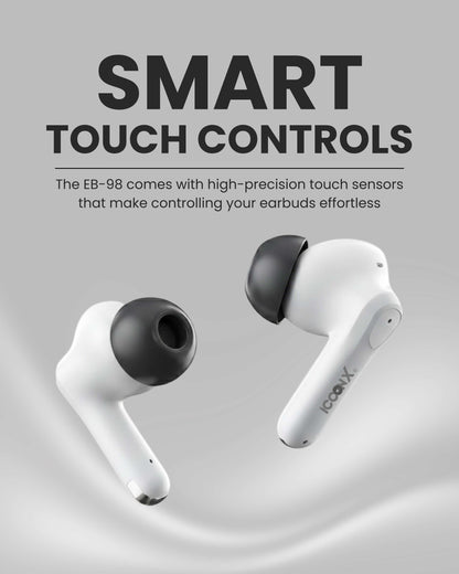 ICCONX EB-98 - White | 52 Hours Playtime | Bluetooth 5.3 | Deep Bass | Smart Touch Controls | Type-C Fast Charging