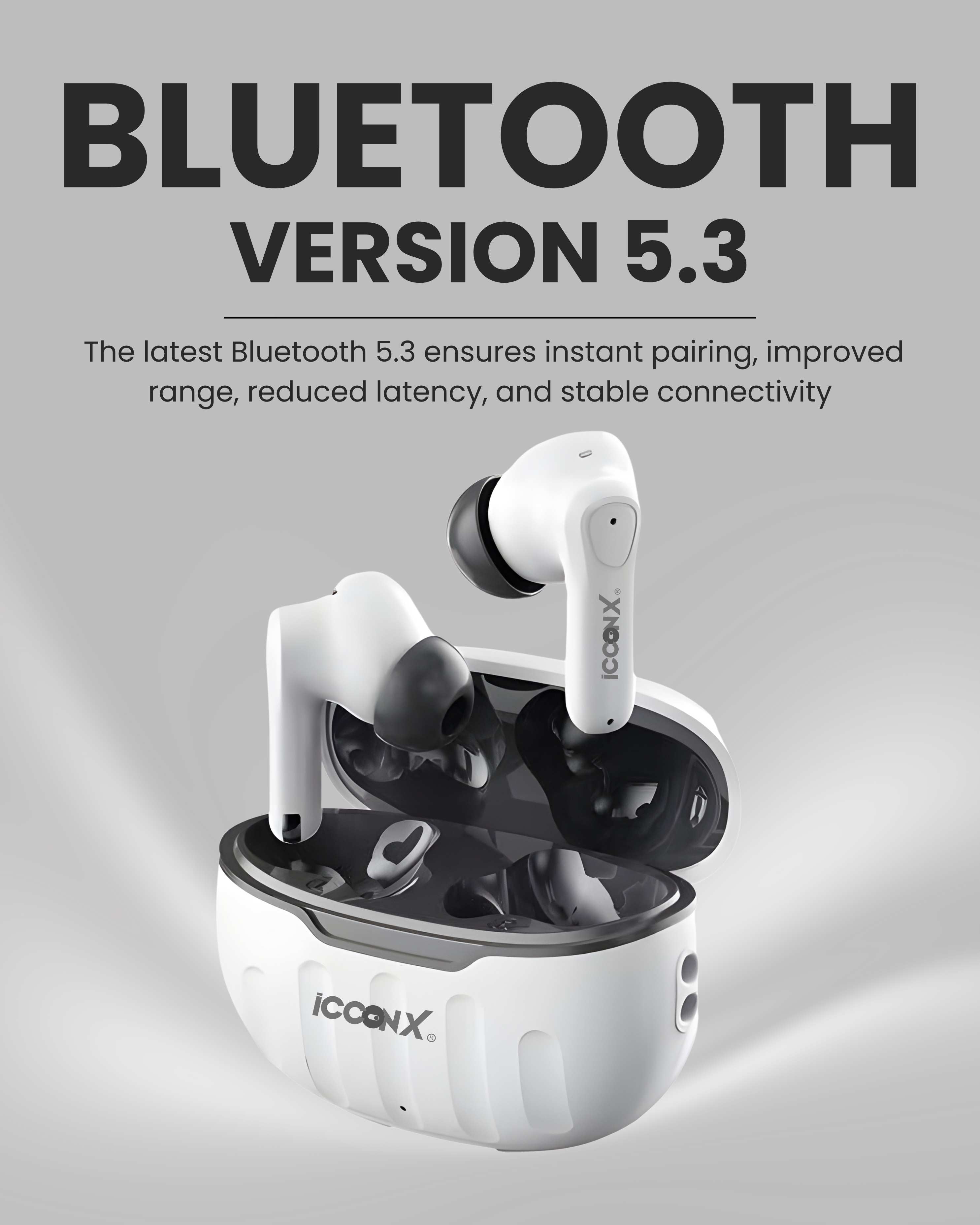 ICCONX EB-98 - White | 52 Hours Playtime | Bluetooth 5.3 | Deep Bass | Smart Touch Controls | Type-C Fast Charging