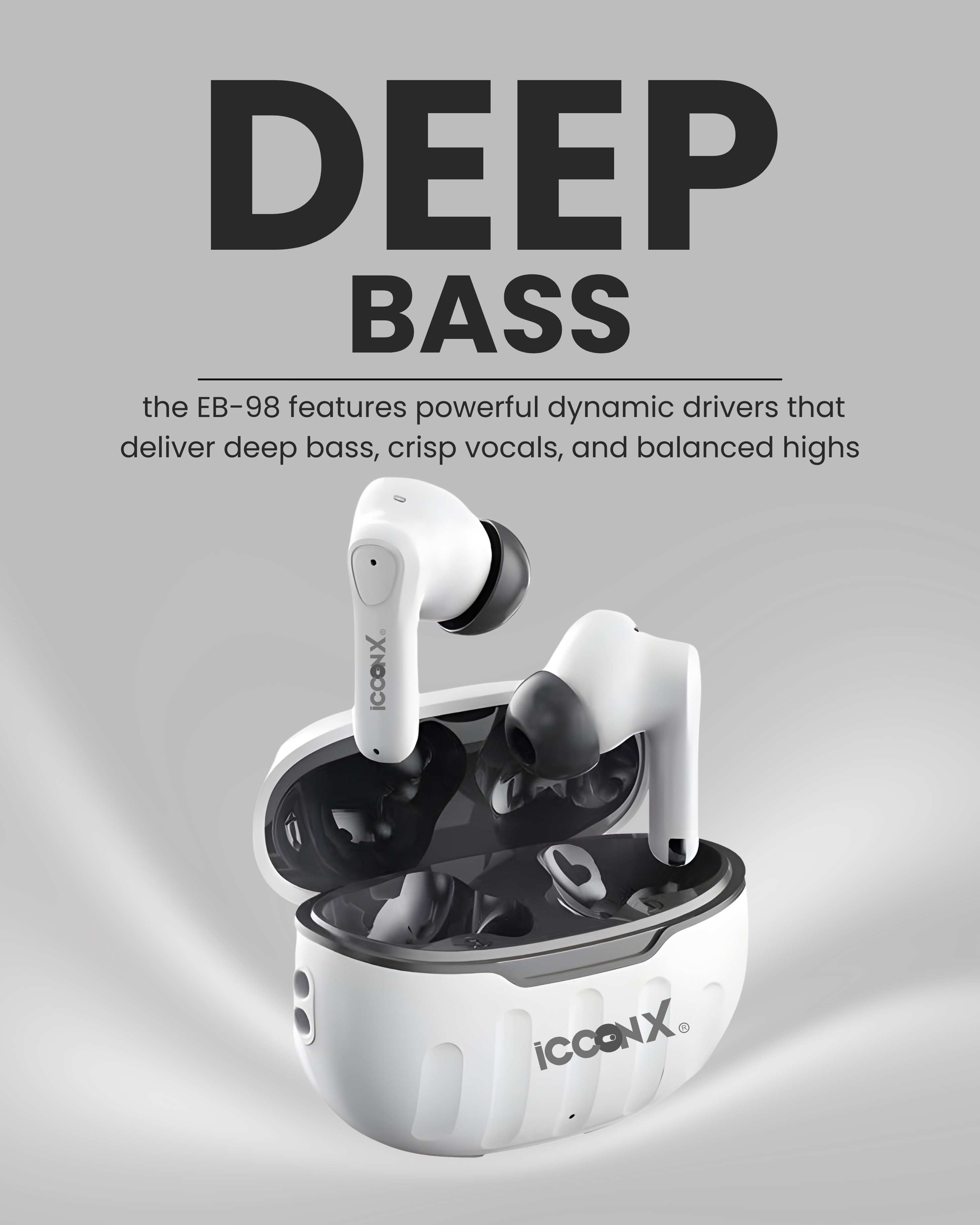 ICCONX EB-98 - White | 52 Hours Playtime | Bluetooth 5.3 | Deep Bass | Smart Touch Controls | Type-C Fast Charging