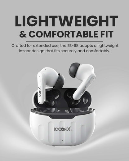 ICCONX EB-98 - White | 52 Hours Playtime | Bluetooth 5.3 | Deep Bass | Smart Touch Controls | Type-C Fast Charging