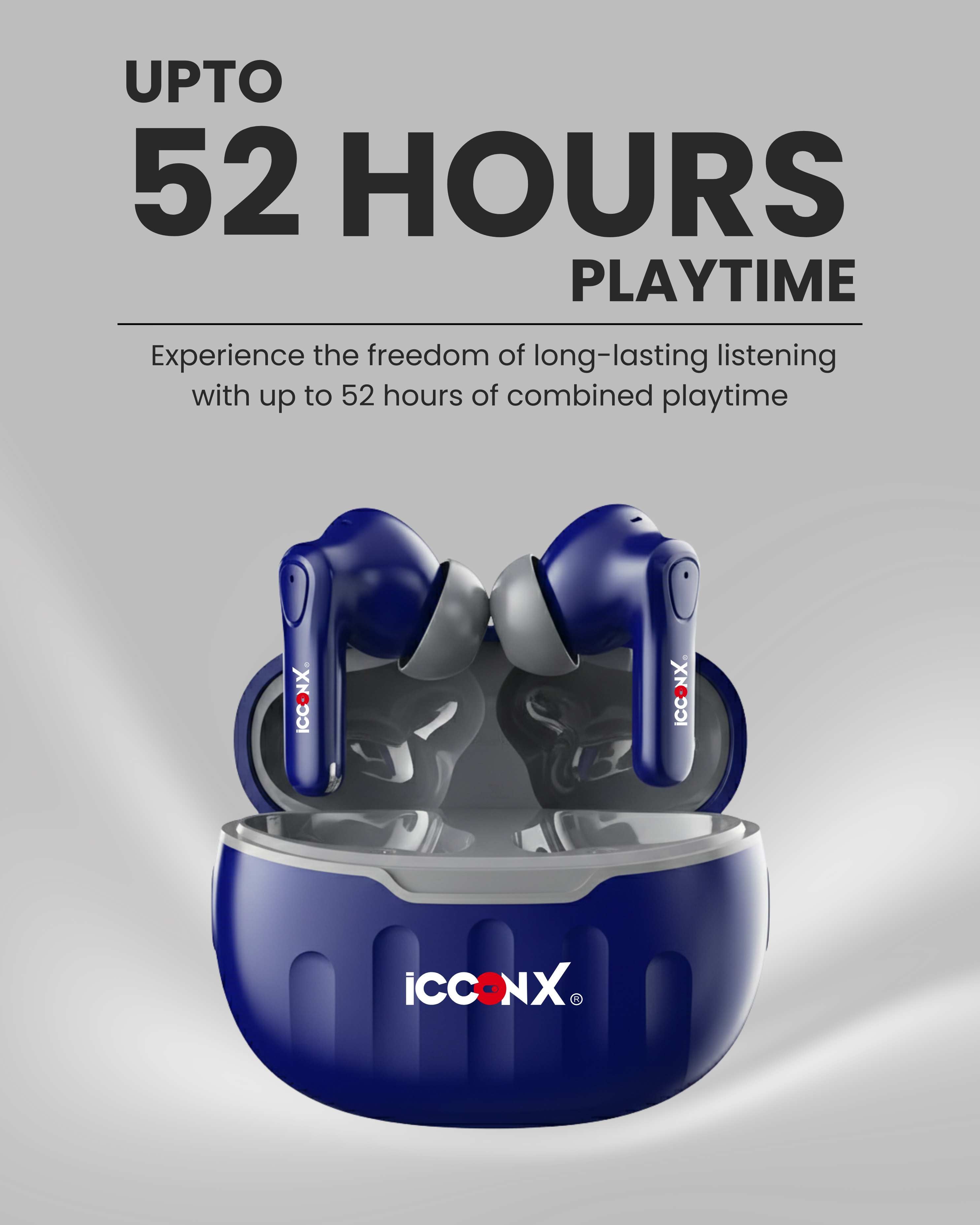 ICCONX EB-98 - Navy | 52 Hours Playtime | Bluetooth 5.3 | Deep Bass | Smart Touch Controls | Type-C Fast Charging
