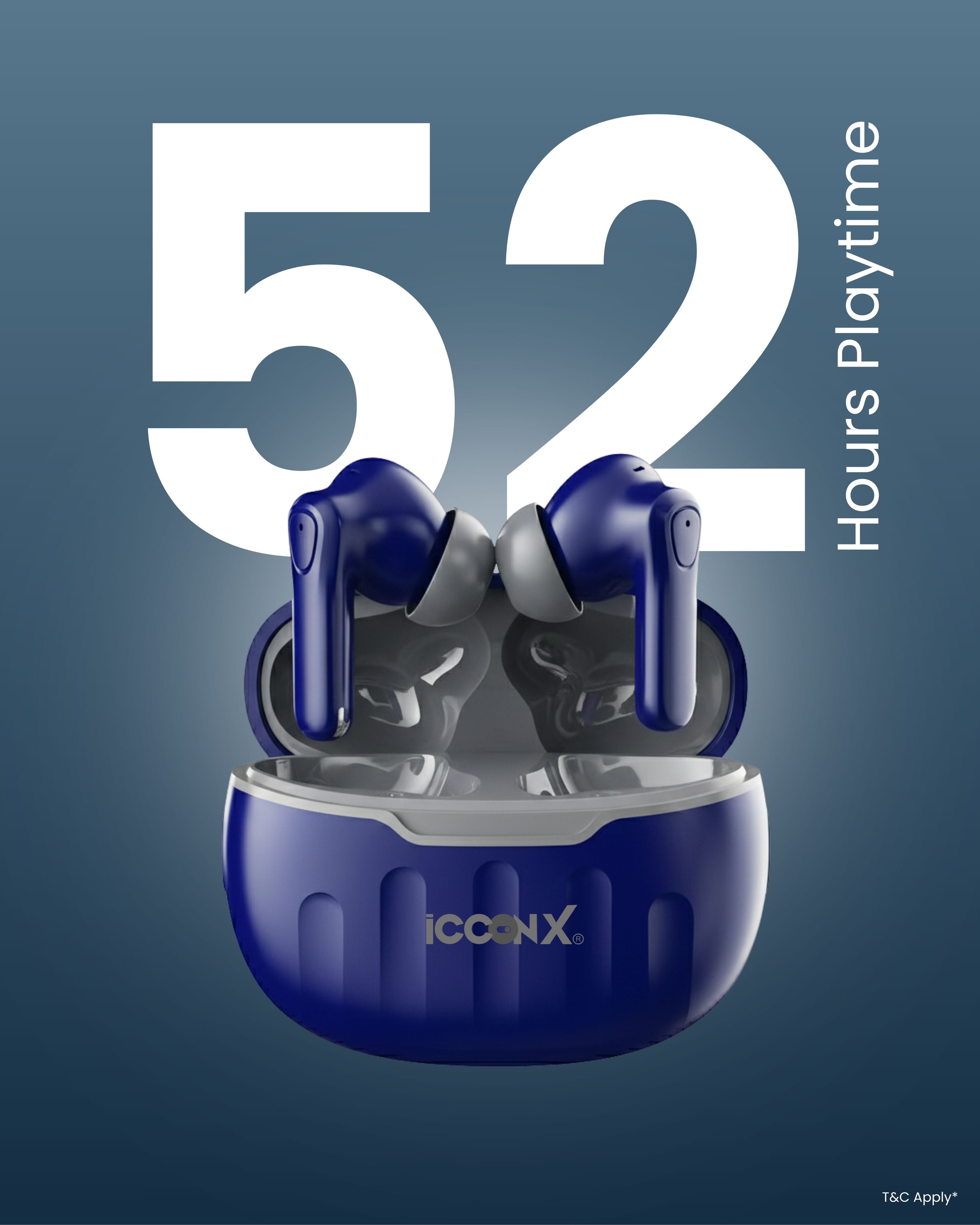 ICCONX EB-98 - Navy | 52 Hours Playtime | Bluetooth 5.3 | Deep Bass | Smart Touch Controls | Type-C Fast Charging