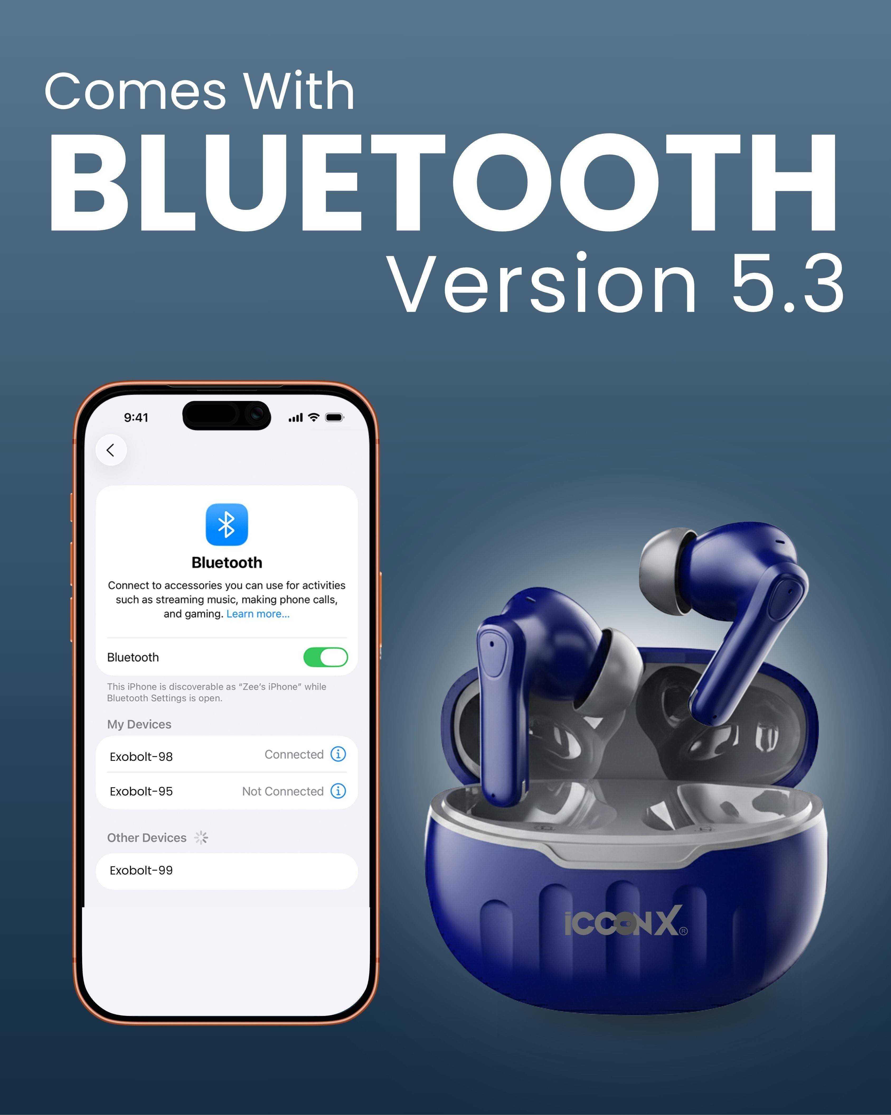 ICCONX EB-98 - Navy | 52 Hours Playtime | Bluetooth 5.3 | Deep Bass | Smart Touch Controls | Type-C Fast Charging