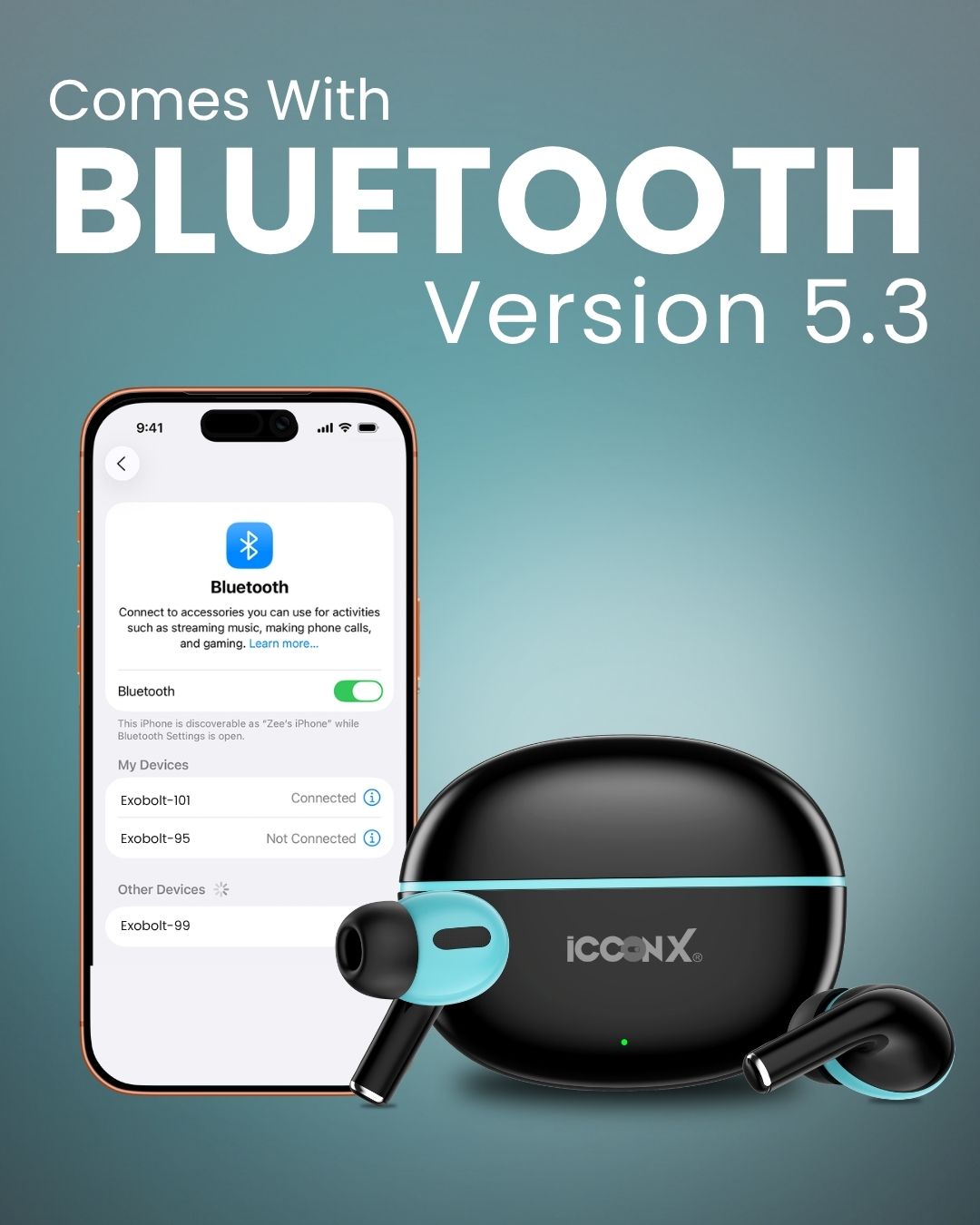 ICCONX EXOBOLT-101 | 30 Hours Playtime | Bluetooth 5.3 | Deep Bass | Splash Proof Design | True Wireless Earbuds