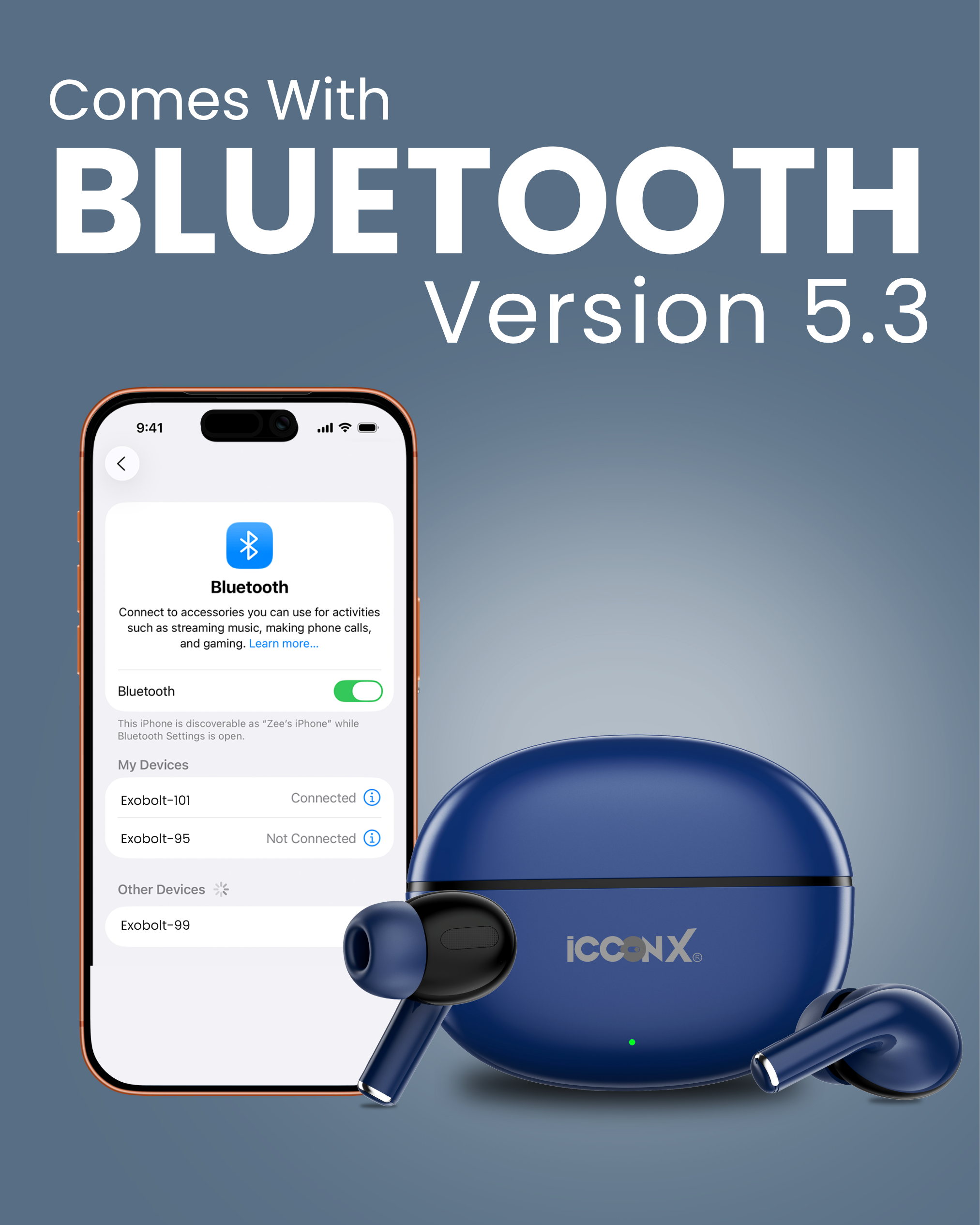 ICCONX EXOBOLT-101 | 30 Hours Playtime | Bluetooth 5.3 | Deep Bass | Splash Proof Design | True Wireless Earbuds