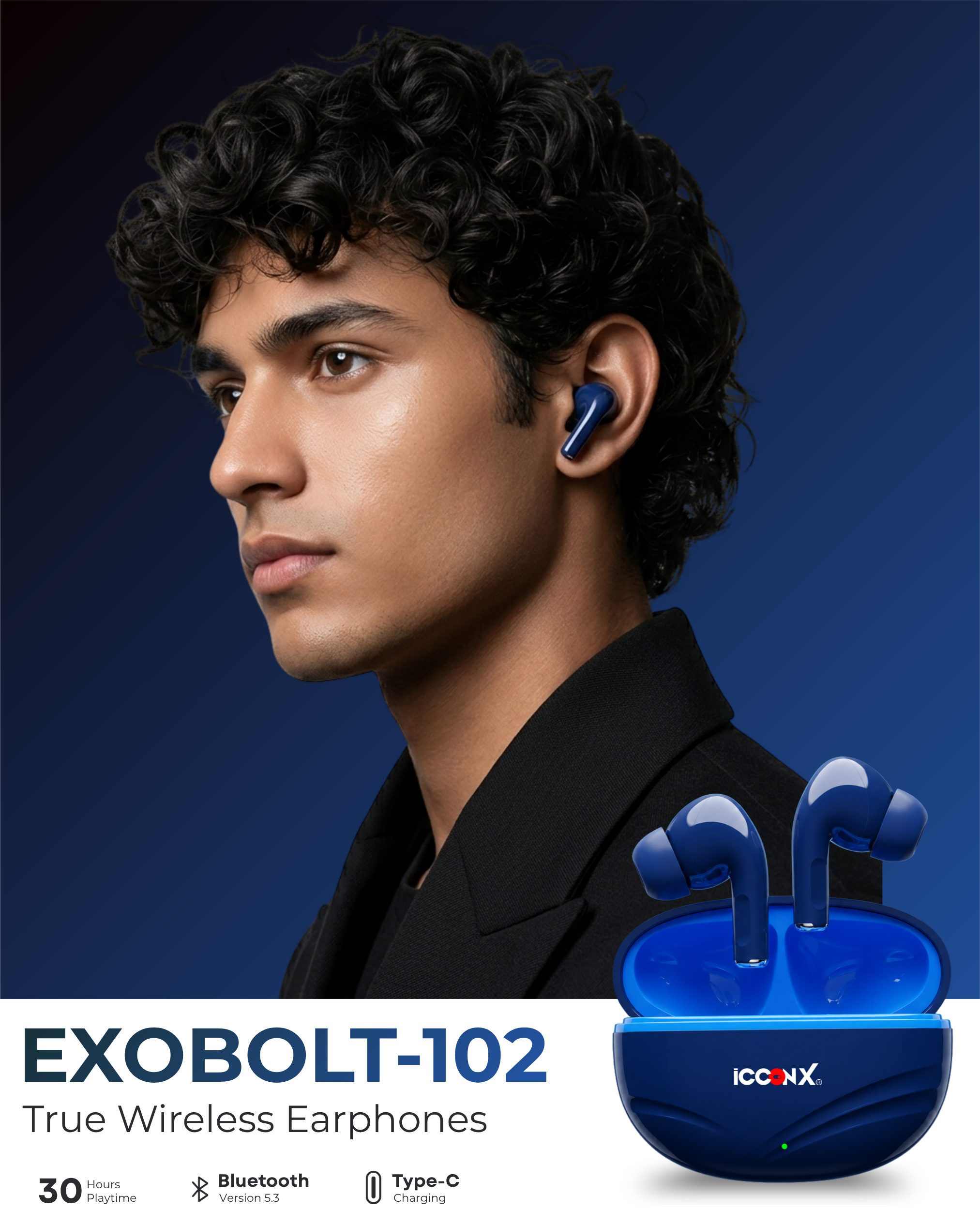 ICCONX EXOBOLT-102 | 30 Hours Playtime | Touch Controls | Type-C Charging | Bluetooth 5.3 | True Wireless Earbuds