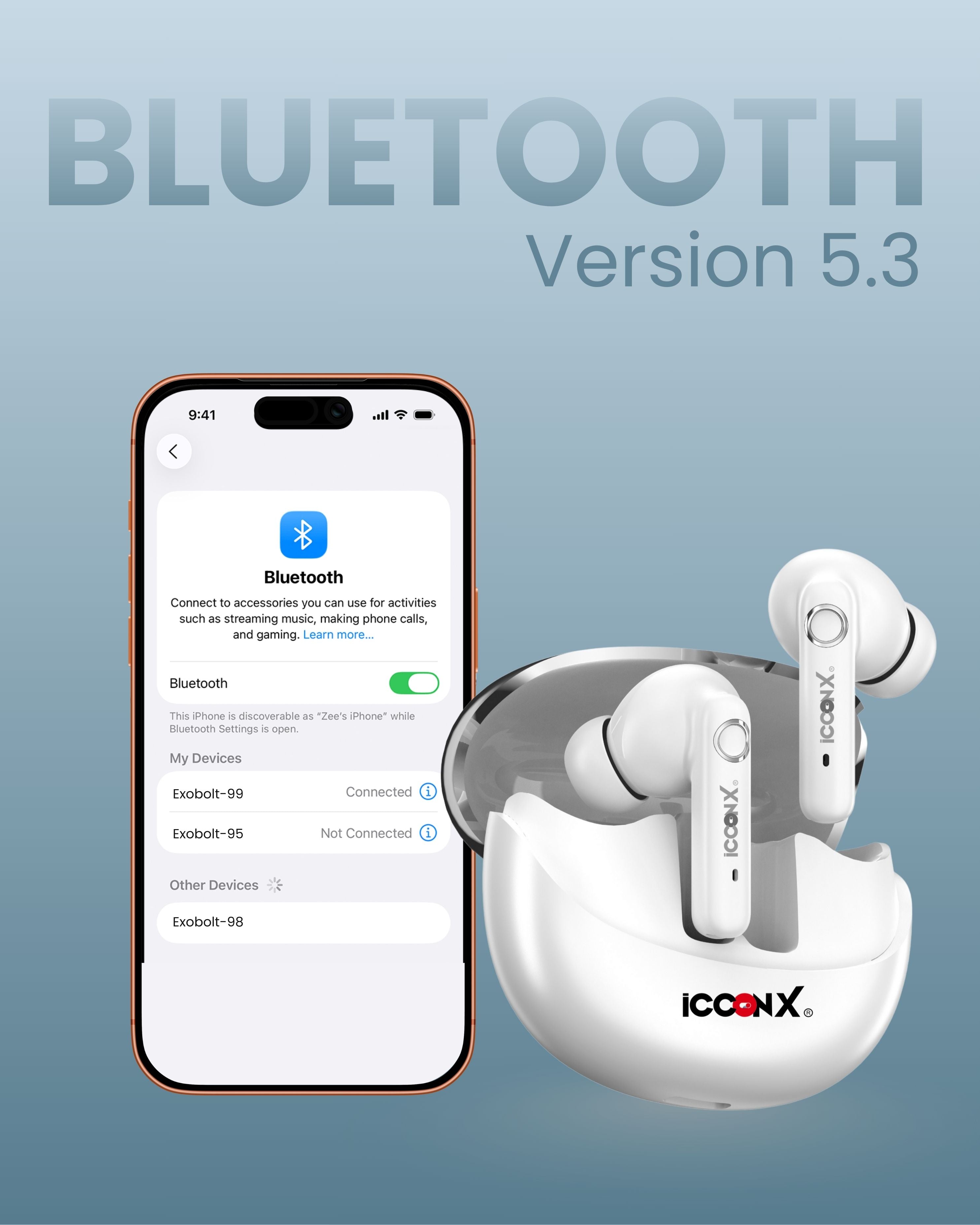ICCONX EXOBOLT-99 - White | 40 Hours Playtime | Bluetooth 5.3 | Smart Touch Controls | Type-C Charging | True Wireless